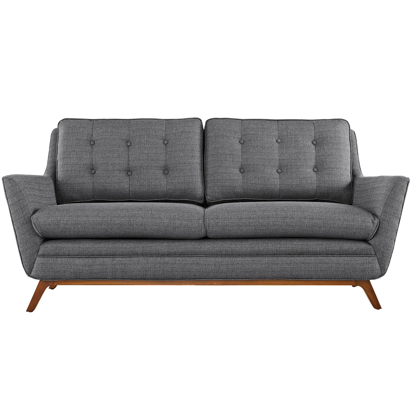 Gray fabric loveseat with button-tufted back cushions, mid-century modern style, angled wooden legs.