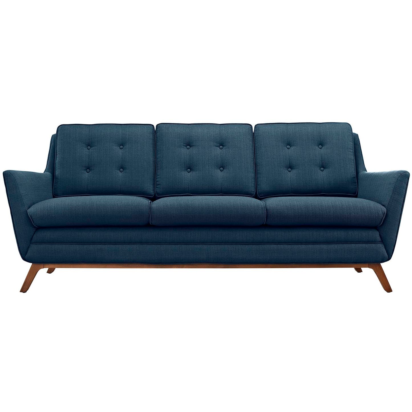 Azure blue mid-century fabric sofa with tufted back cushions and three-seat cushions, wooden angled legs.