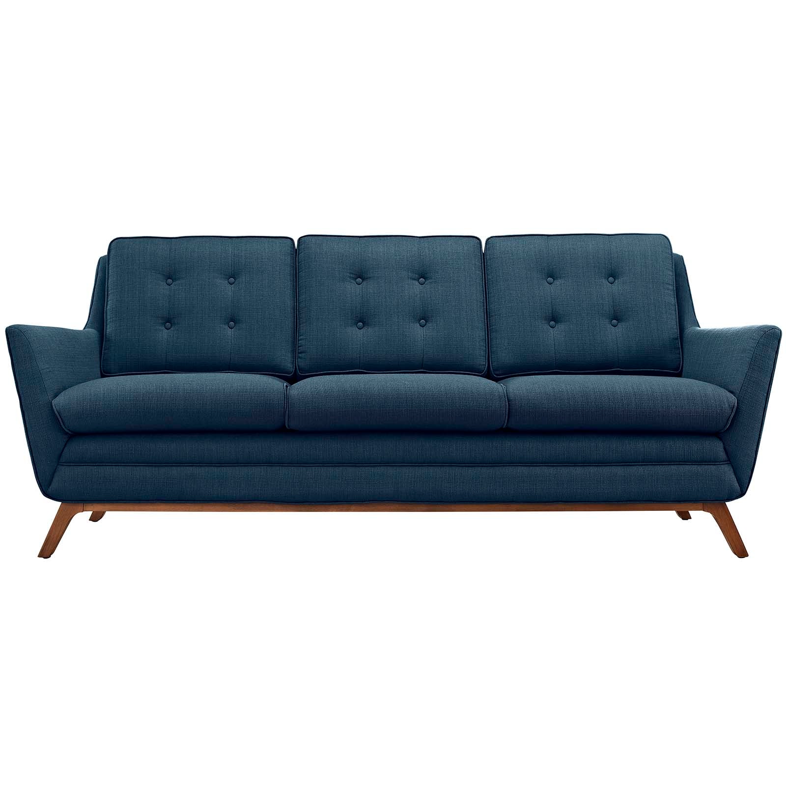 Azure blue mid-century fabric sofa with tufted back cushions and three-seat cushions, wooden angled legs.