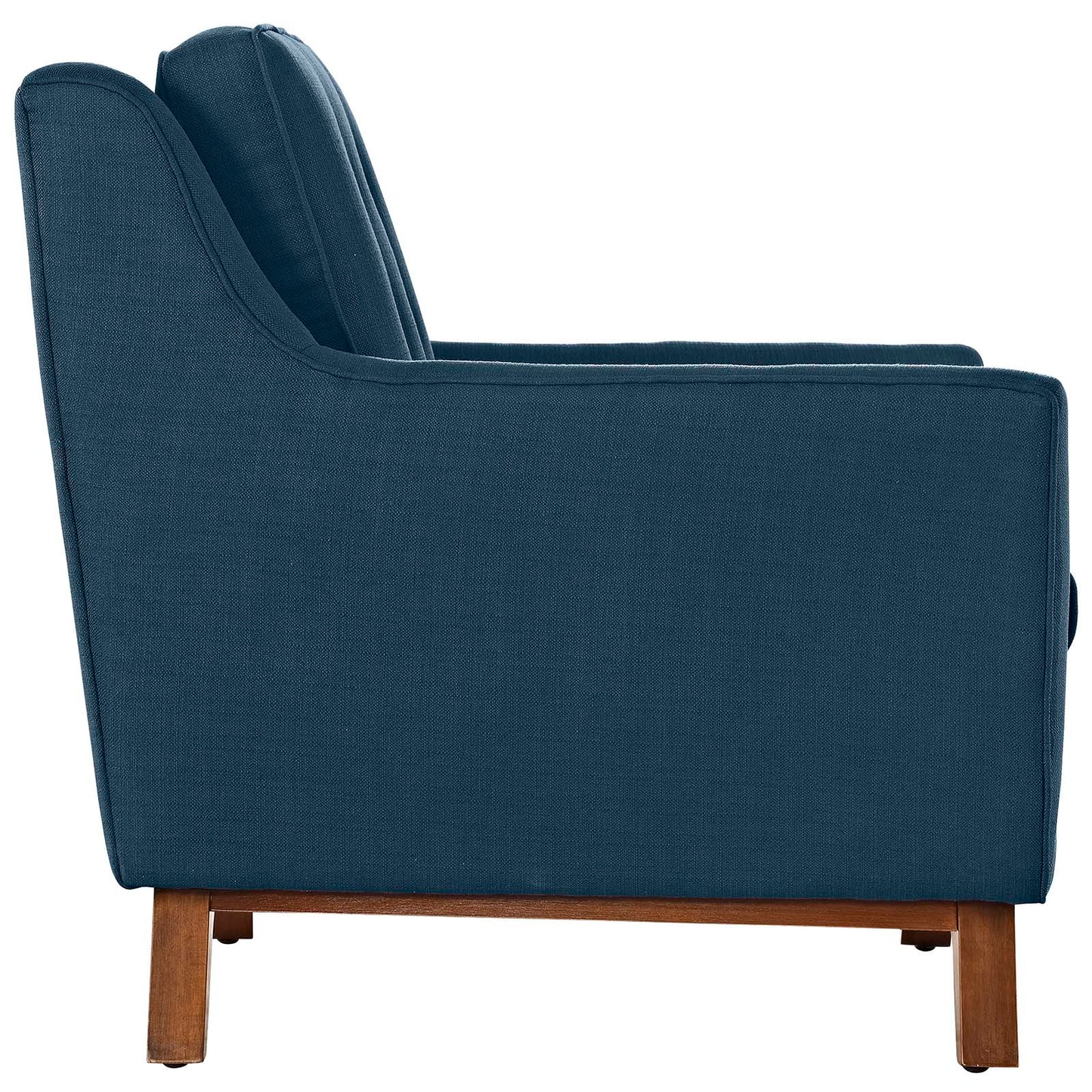 Blue fabric upholstered sofa with curved back and armrests, wooden legs, side profile.