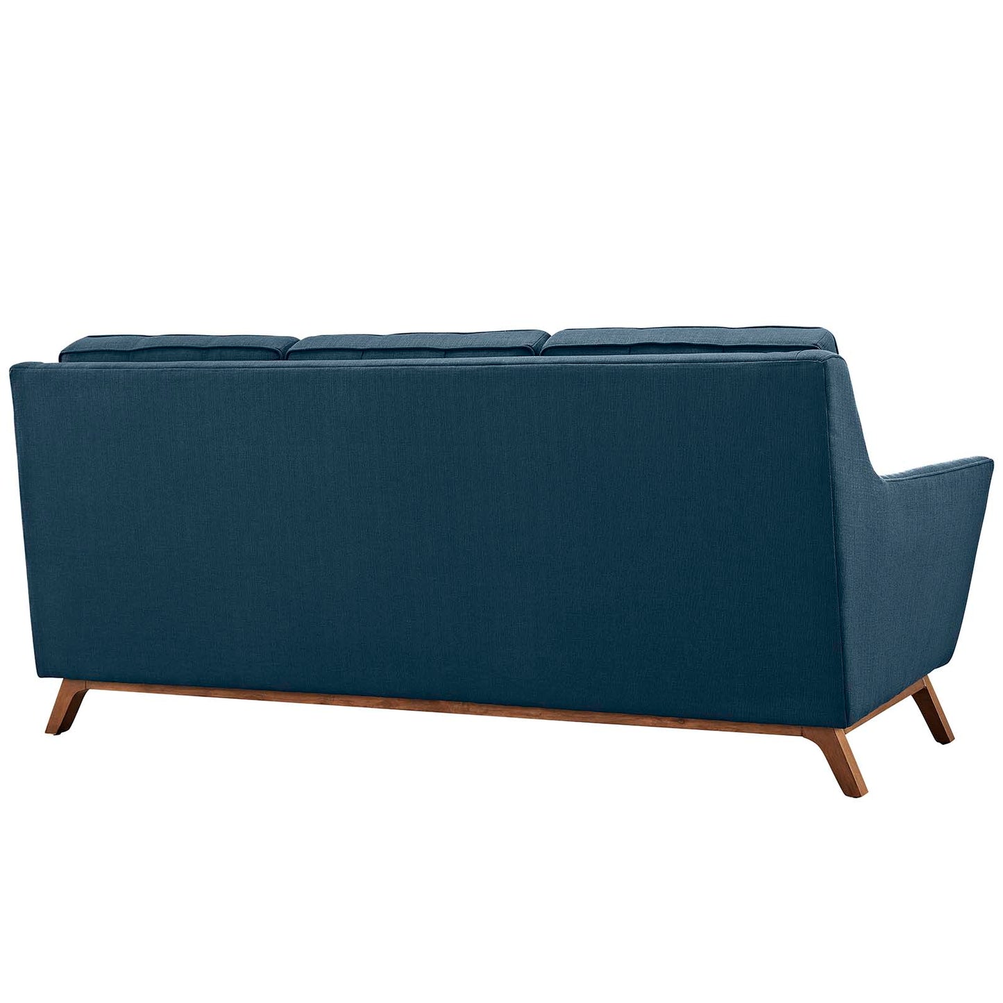 Azure blue 3-seat fabric sofa with wooden angled legs, back view.