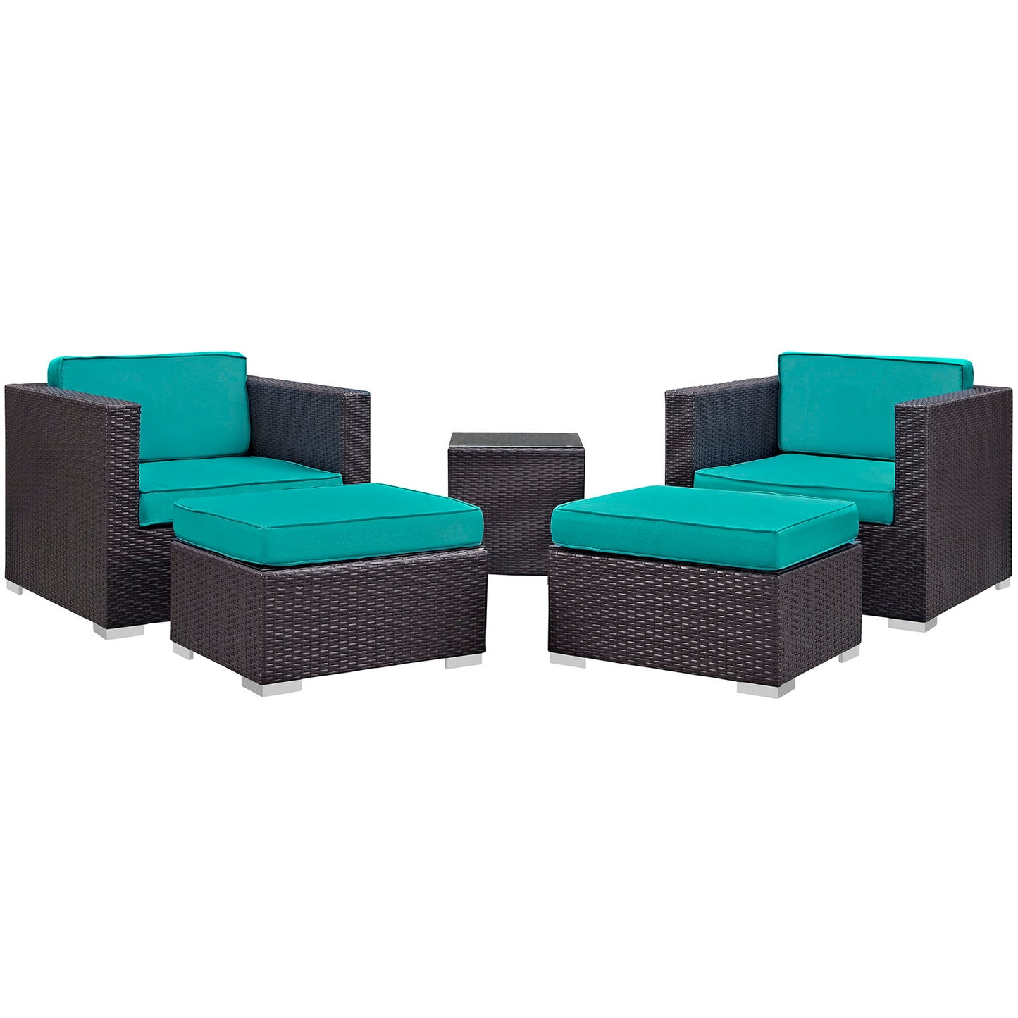 Dark brown wicker outdoor seating set with turquoise cushions: two armchairs, two ottomans, and a square table.
