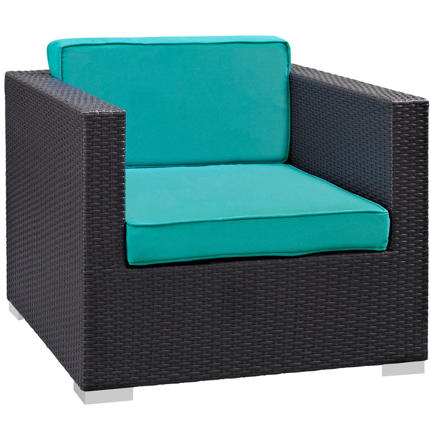 Dark brown resin wicker outdoor armchair with turquoise cushions, modern square patio seating.
