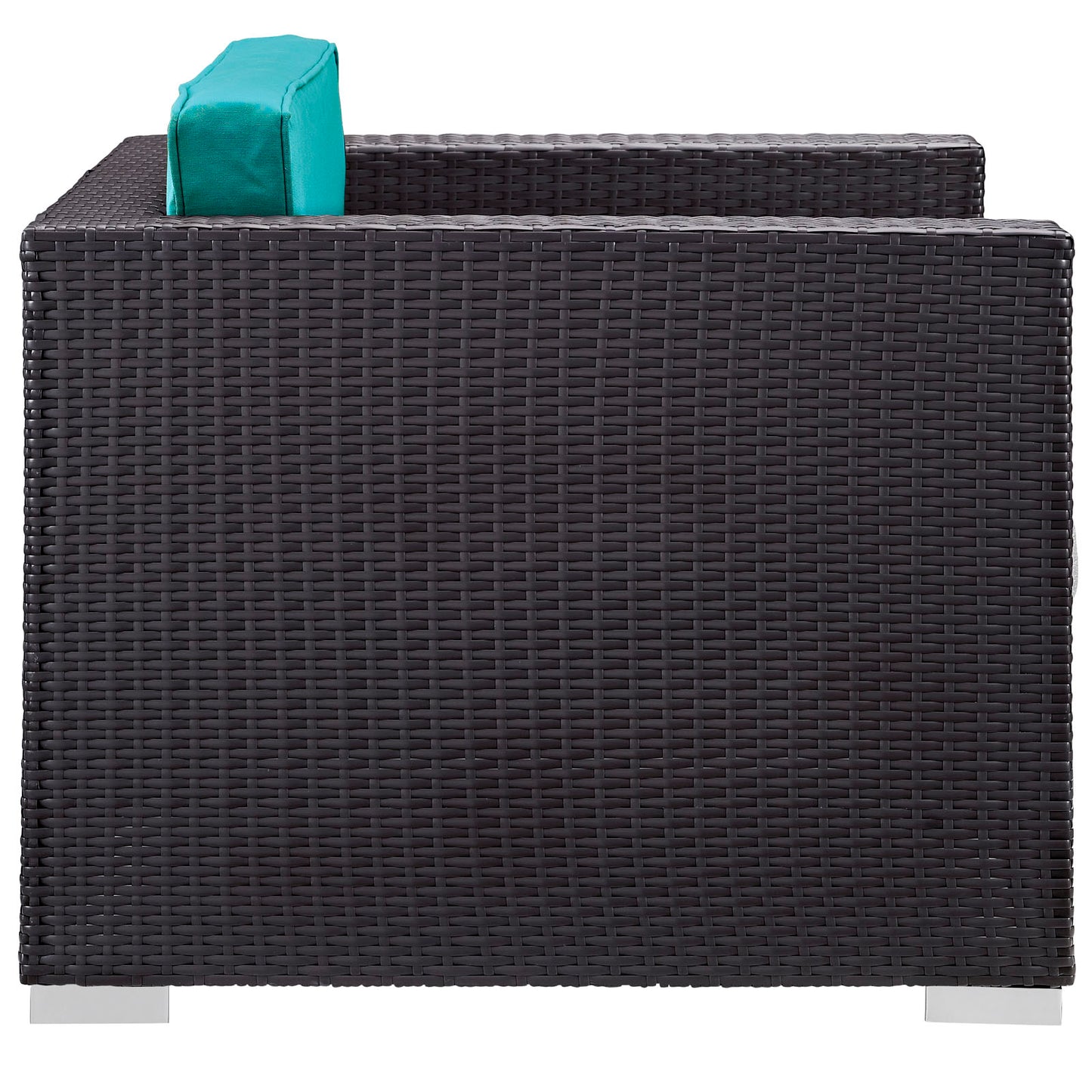 Espresso woven rattan outdoor 5-piece sectional patio set with turquoise cushions.