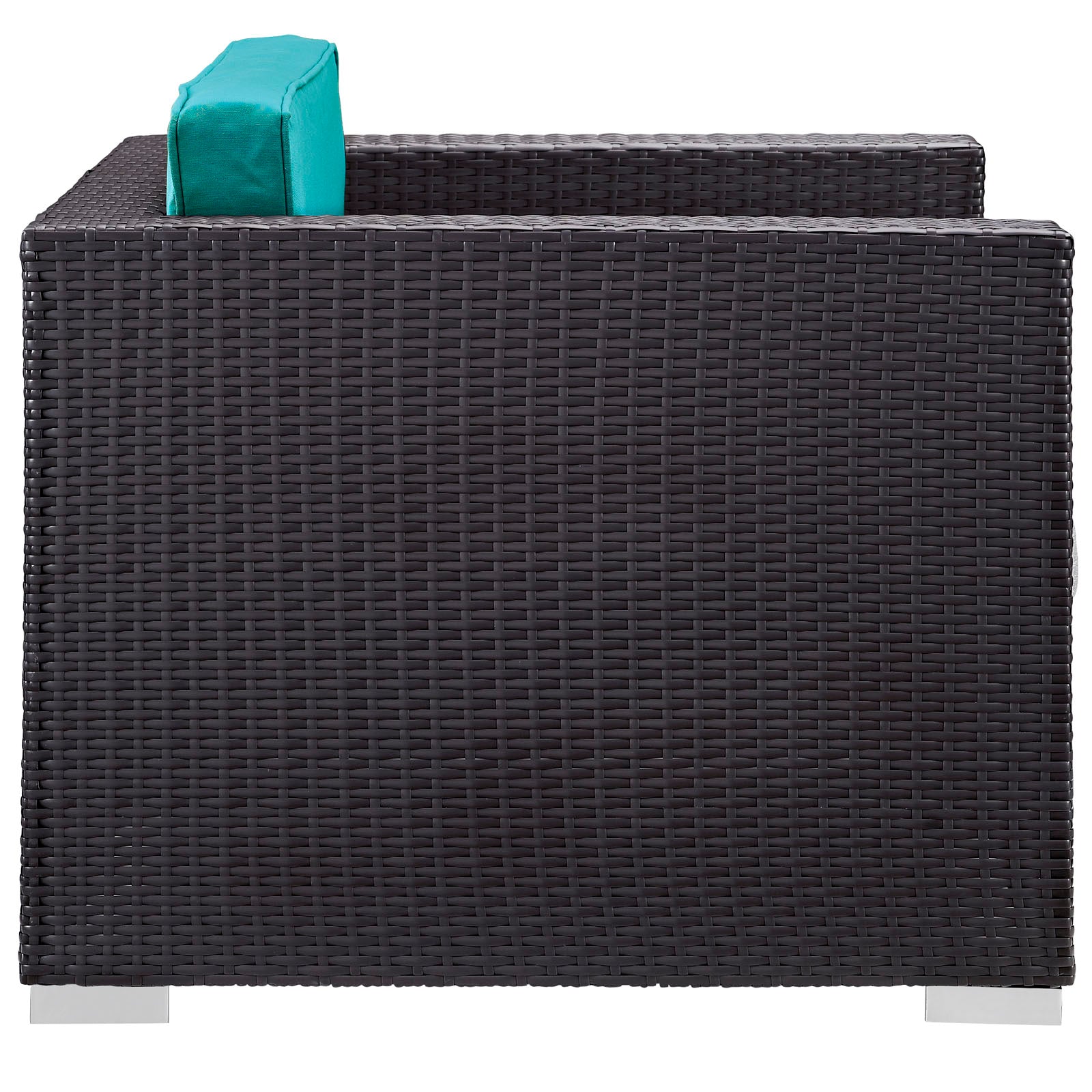 Espresso woven rattan outdoor 5-piece sectional patio set with turquoise cushions.