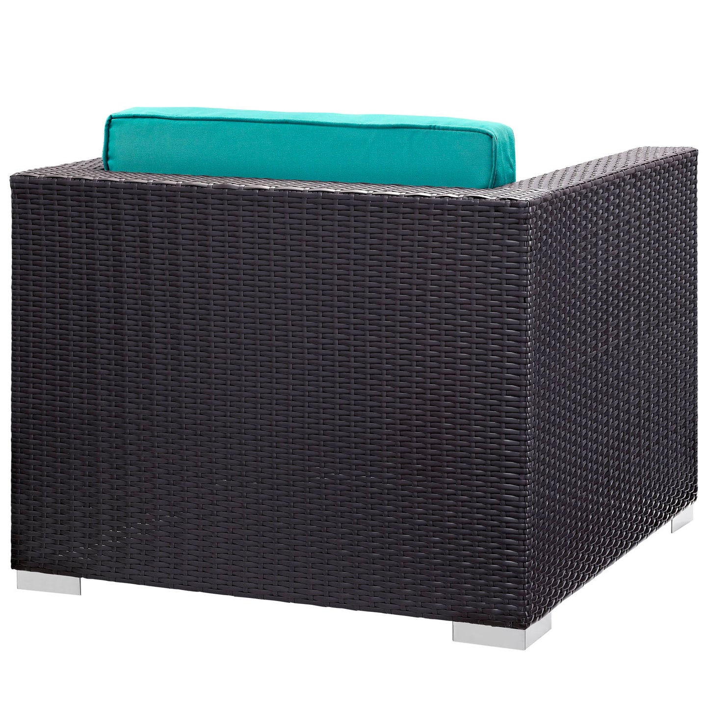 Espresso wicker outdoor 5-piece sectional set with turquoise cushions and metal legs; boxy modern patio seating.
