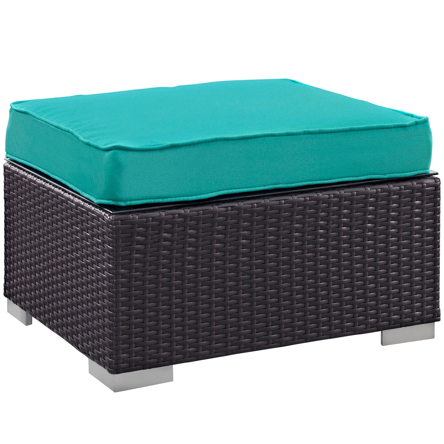 Espresso wicker outdoor sectional set with teal cushions and silver metal legs.