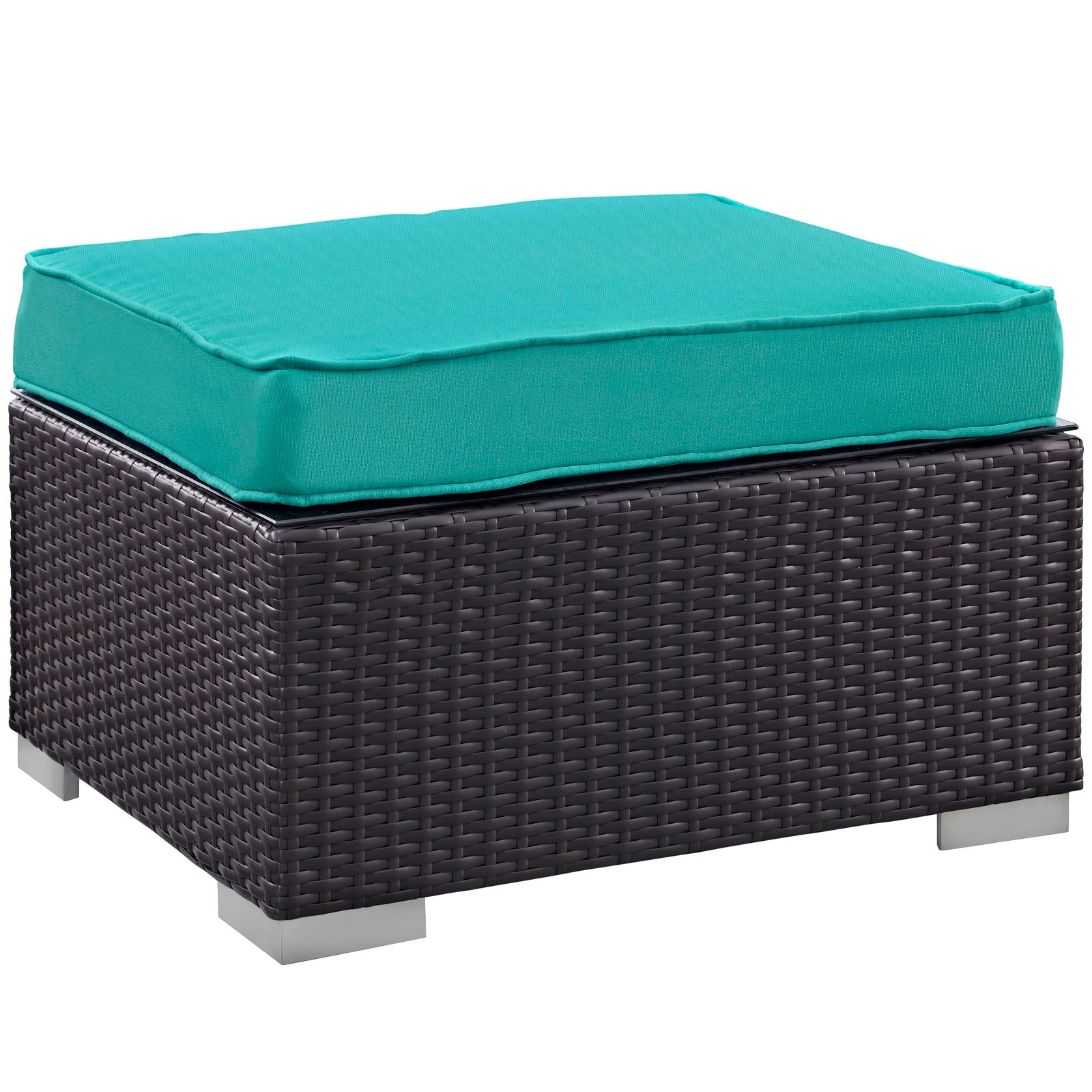 Espresso wicker outdoor sectional set with teal cushions and silver metal legs.