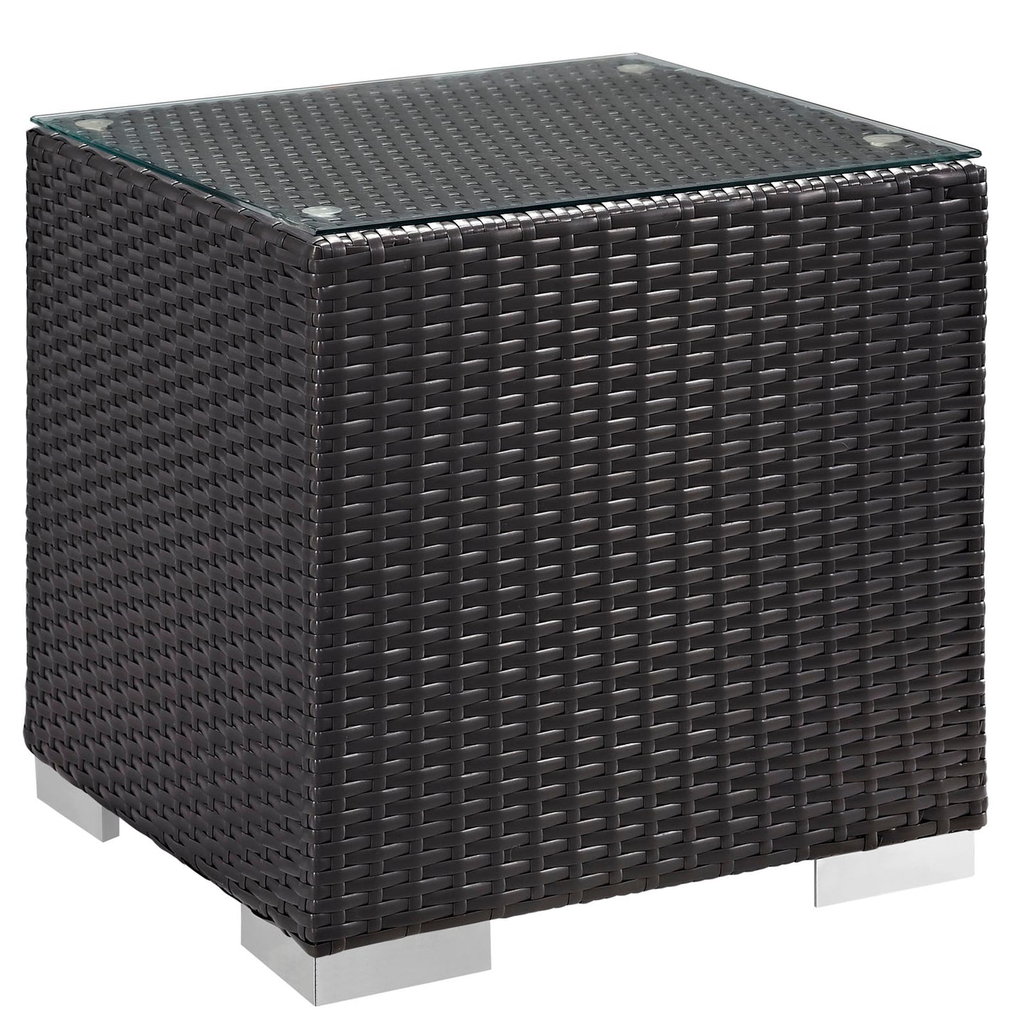 Espresso woven resin wicker cube end table with clear glass top & silver feet.