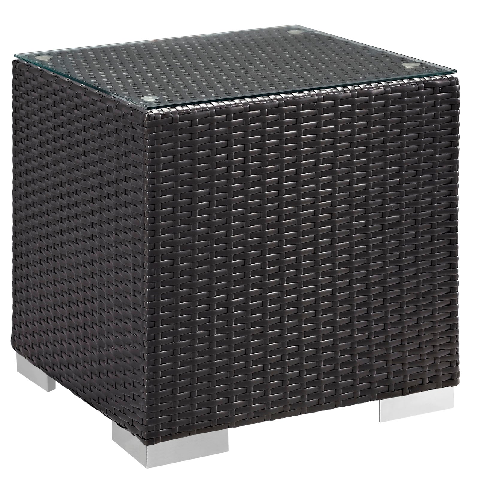 Espresso woven resin wicker cube end table with clear glass top & silver feet.
