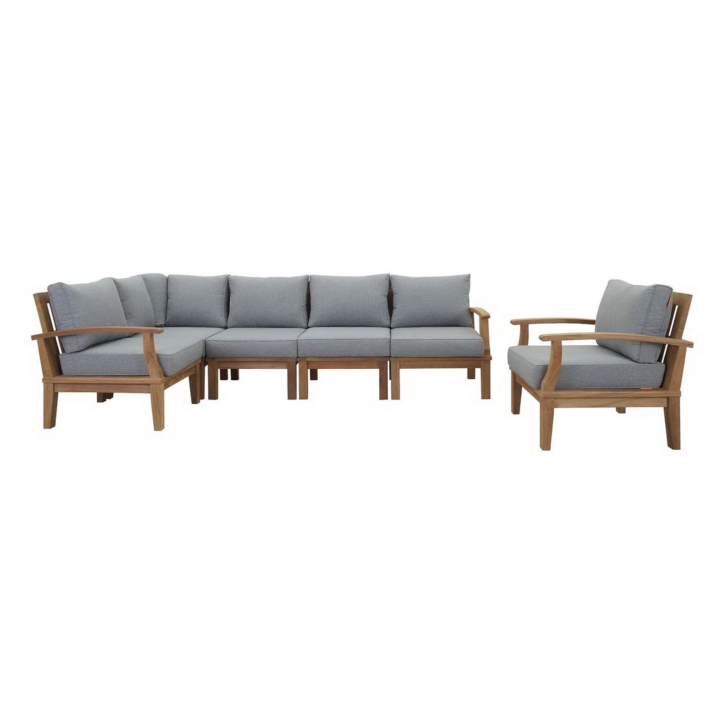 Teak outdoor 6-piece patio set with light gray cushions; modular sectional with armchair.