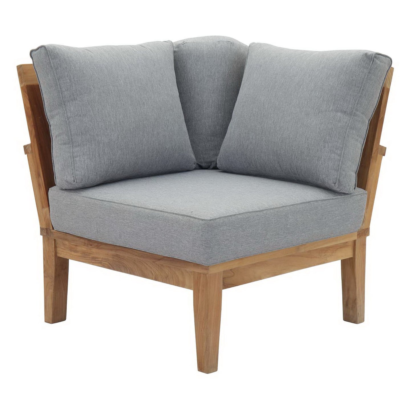 Natural wood framed accent chair with light gray seat cushion and two matching back cushions.