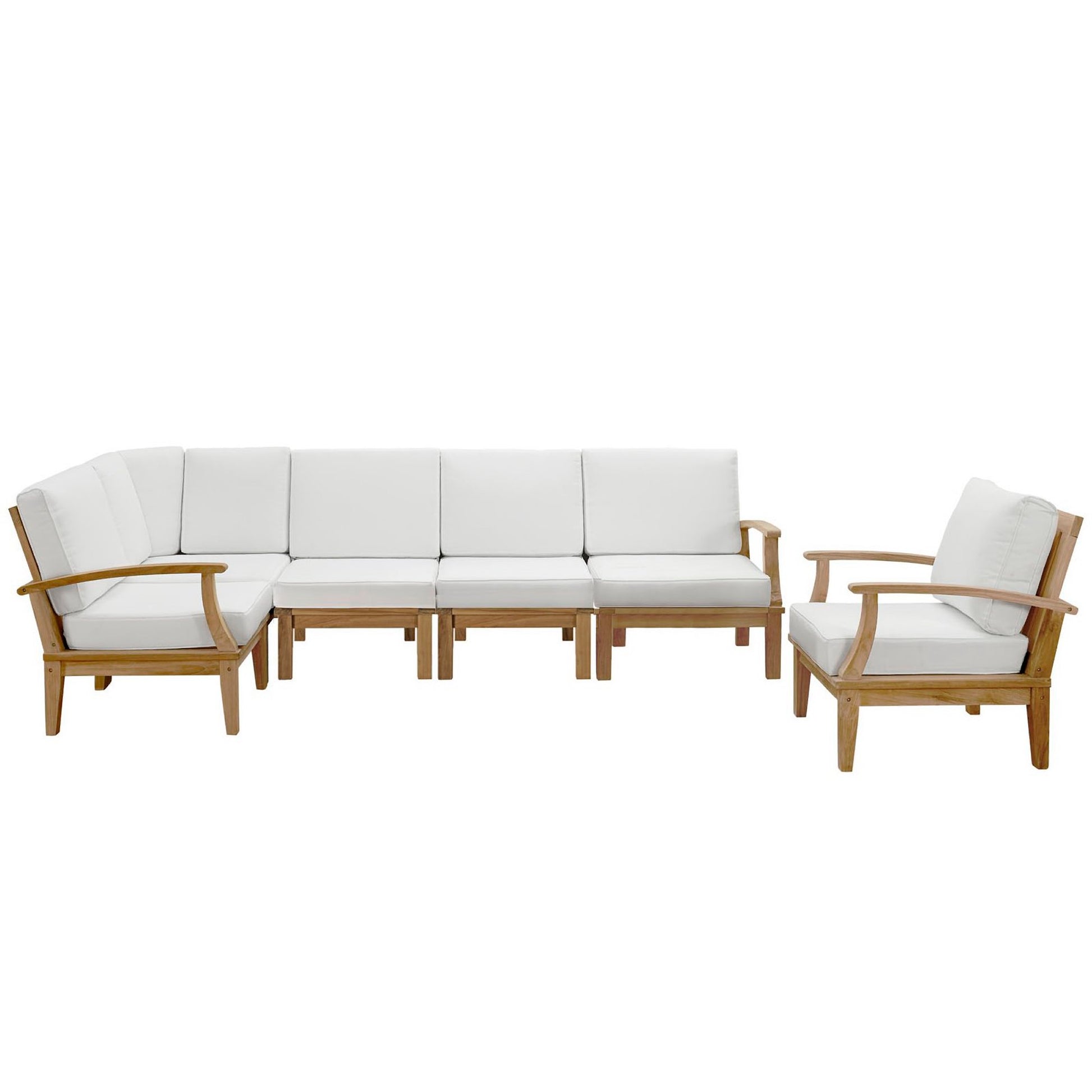 Teak outdoor sectional sofa with white cushions & left armchair, long central sectional & right armchair.