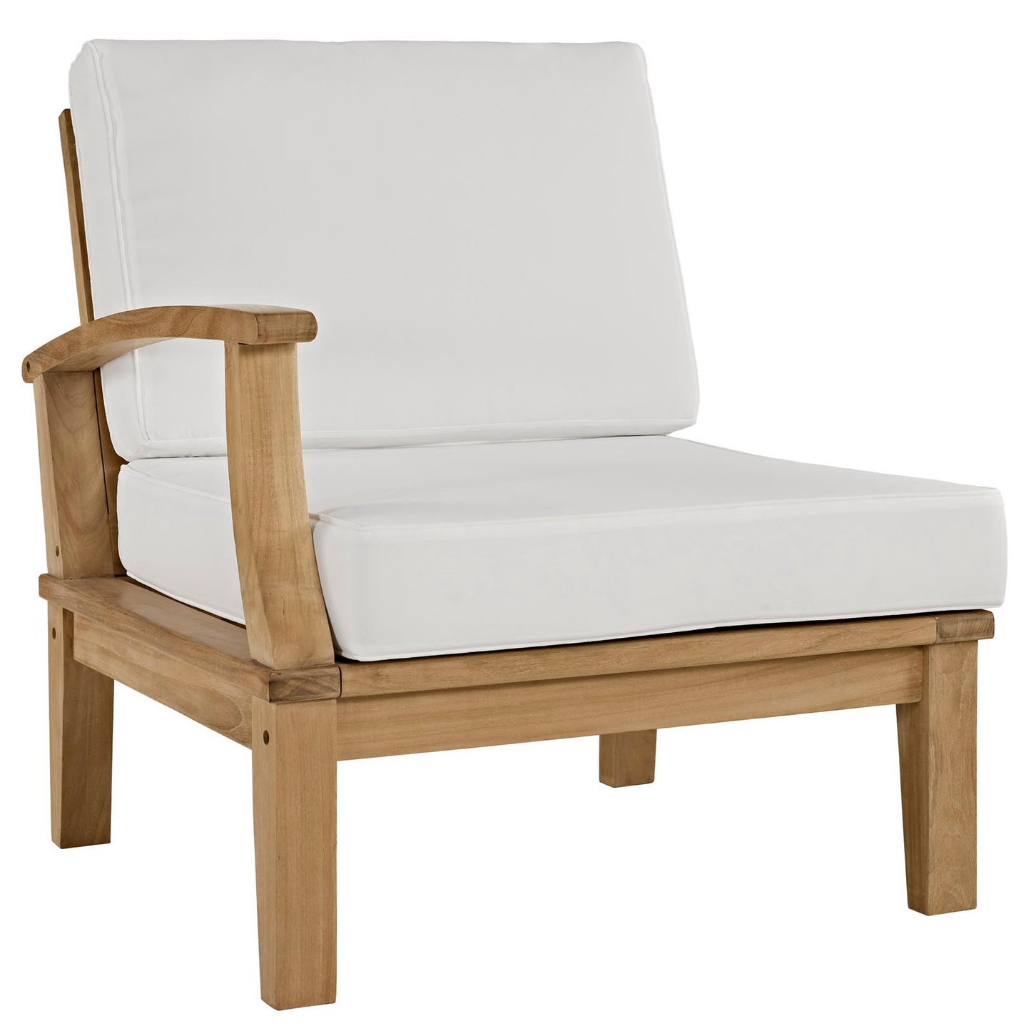 Natural wood outdoor lounge chair with white cushions, sturdy frame and rounded armrests.