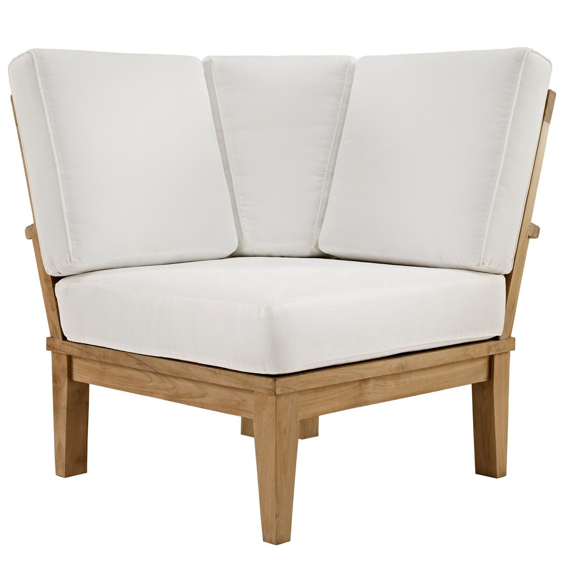 Natural wood outdoor corner chair with white seat cushion and three back cushions.