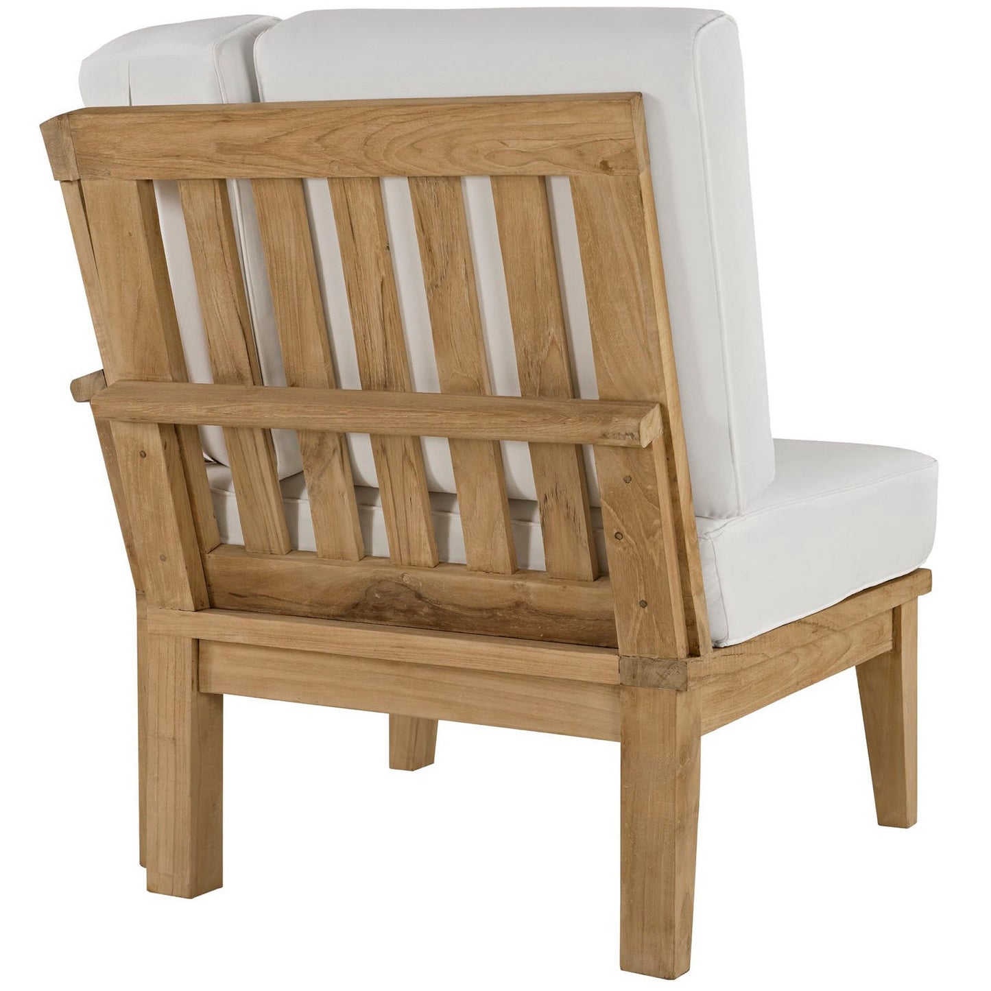 Natural wood outdoor armchair with white cushions, slatted back and solid square legs.