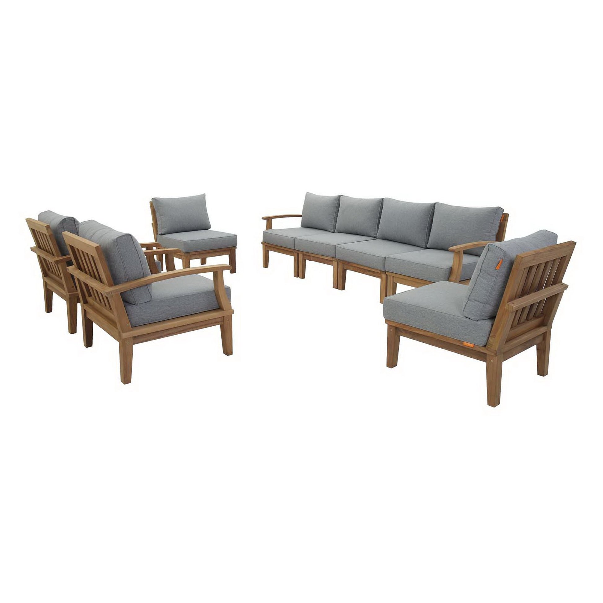 Teak outdoor patio seating set with grey cushions; modular sofa, two armchairs, and ottoman.