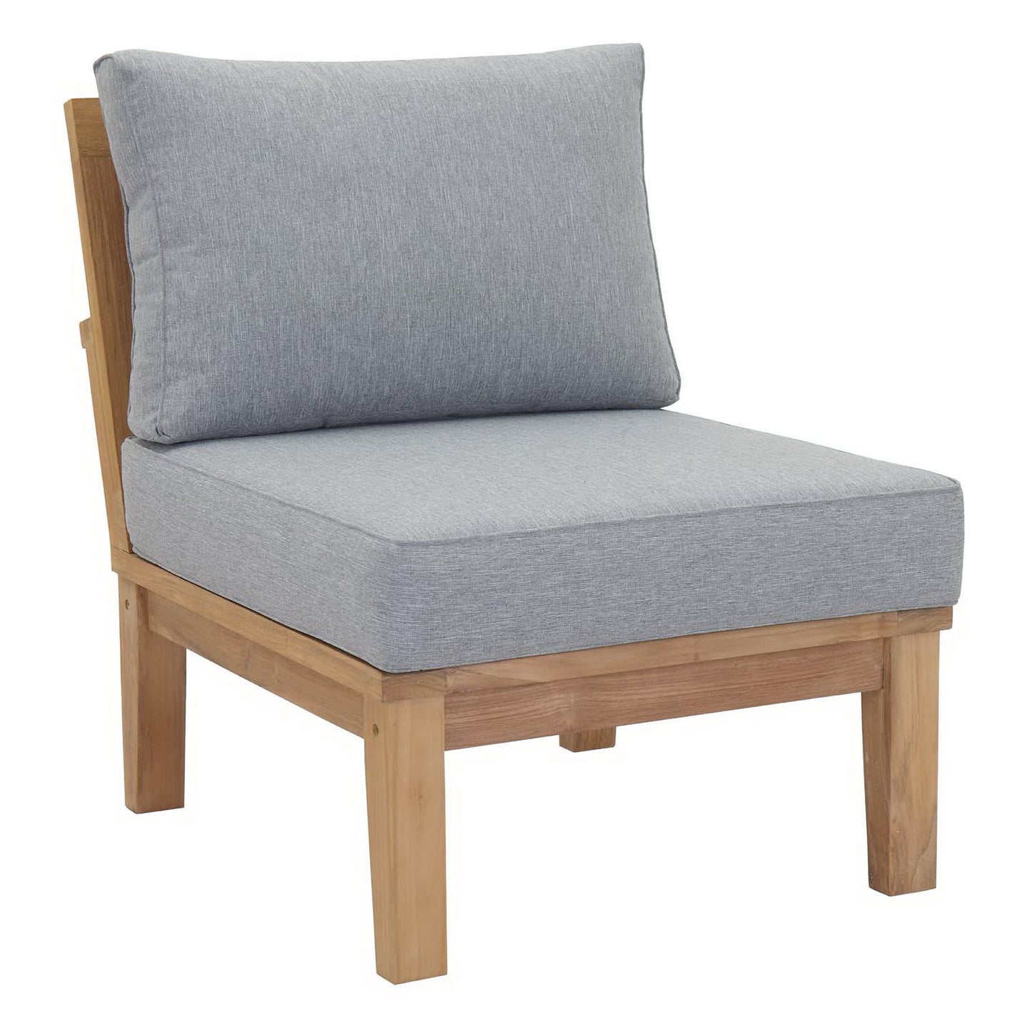 Natural wood patio lounge chair with light gray fabric cushions, back pillow and thick seat cushion.