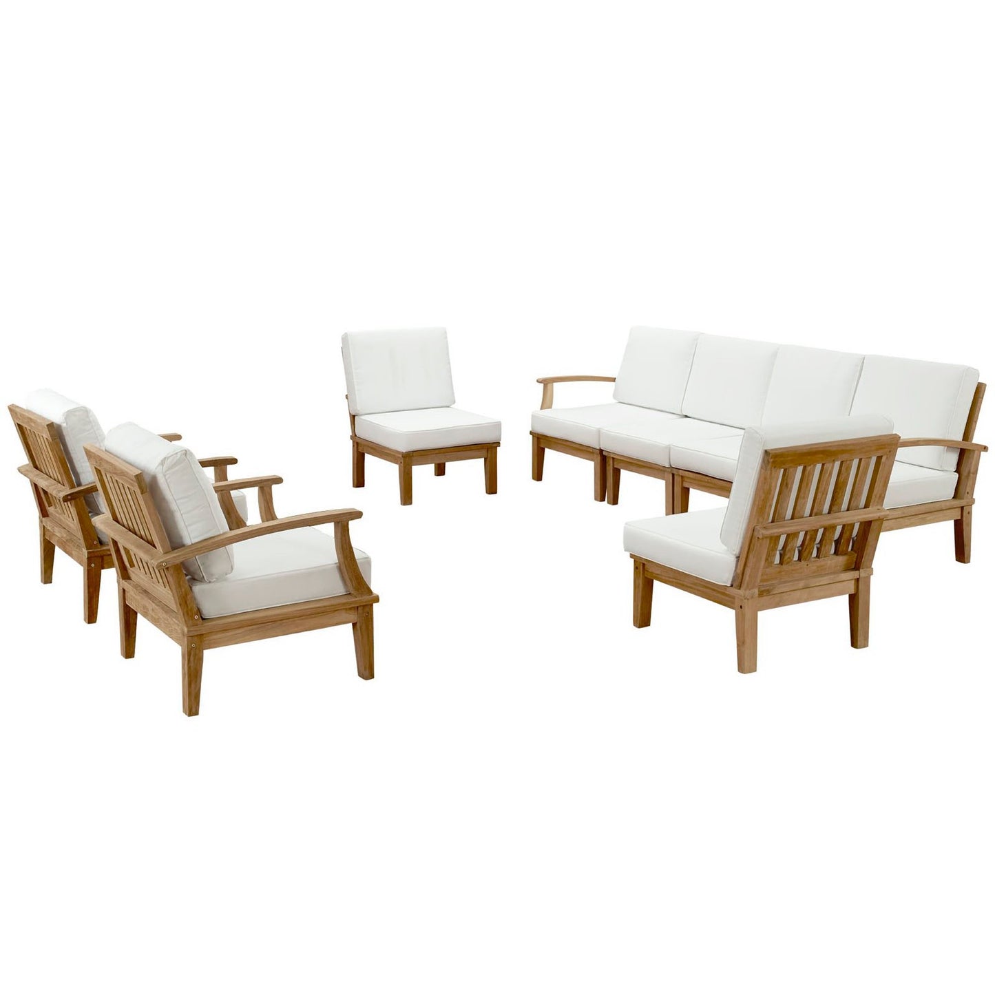 Teak outdoor seating set with white cushions, includes sofa and armchairs for patio lounging.