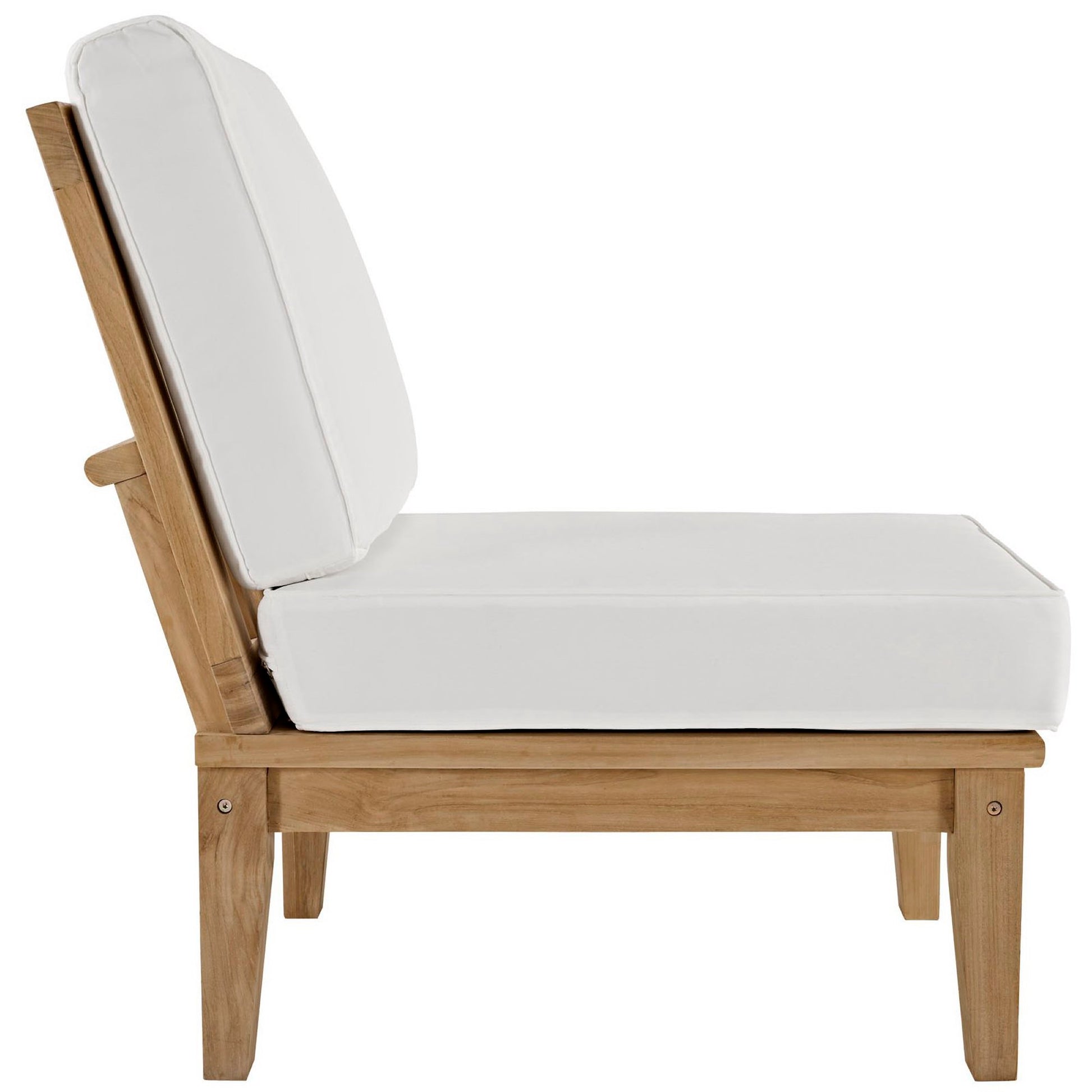 Natural wood outdoor lounge chair with thick white cushions and angled backrest.