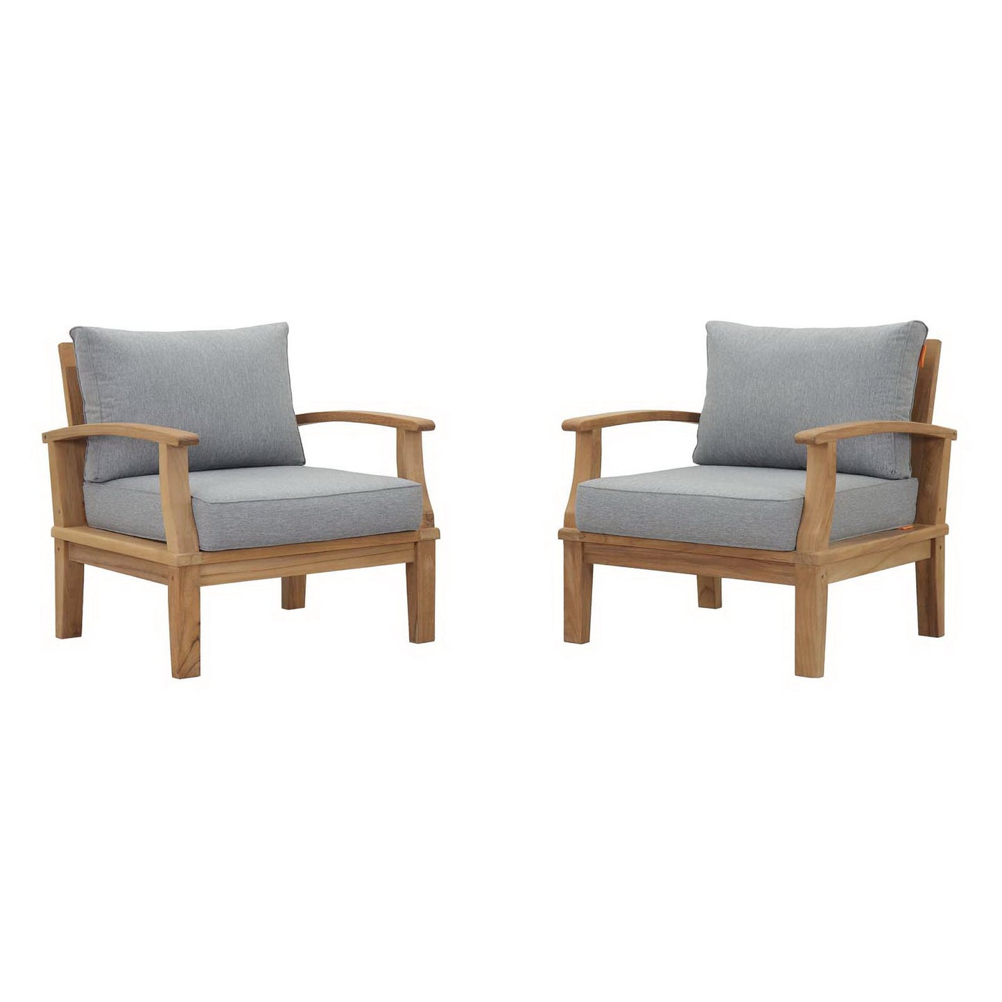Natural teak outdoor armchairs with gray cushions, curved arms and square legs; set of two.