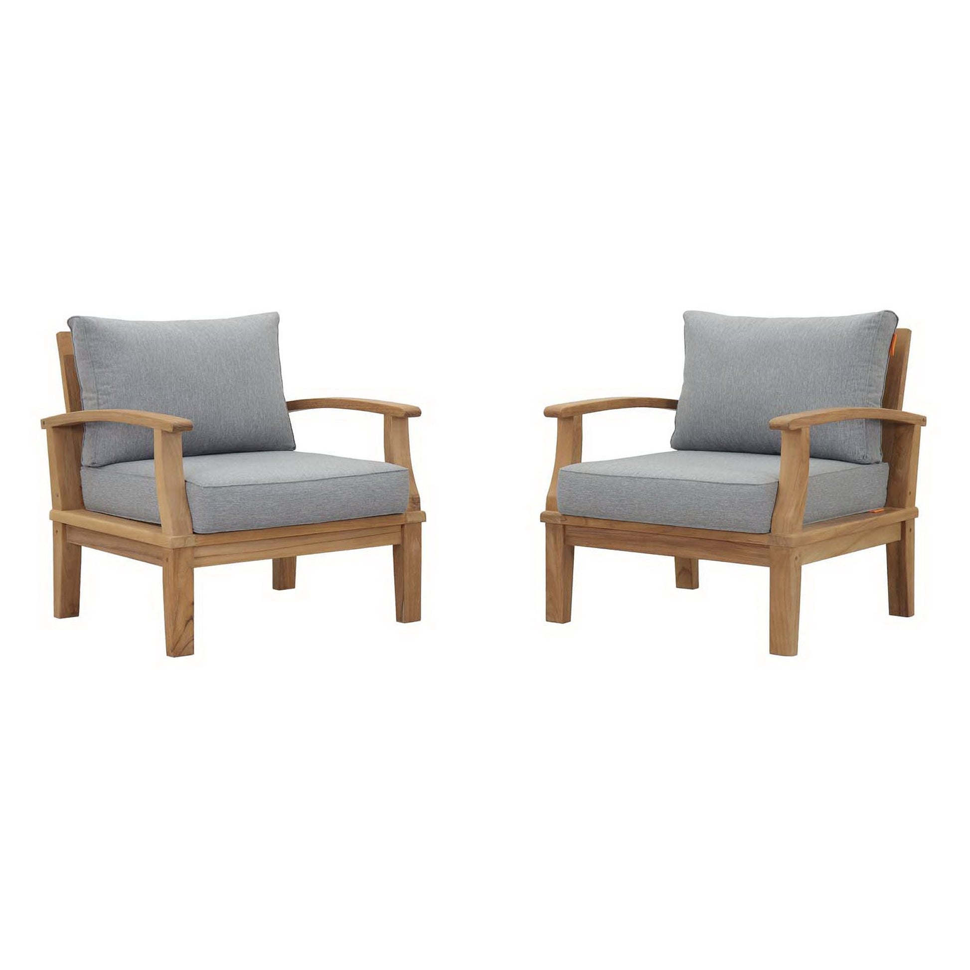 Natural teak outdoor armchairs with gray cushions, curved arms and square legs; set of two.