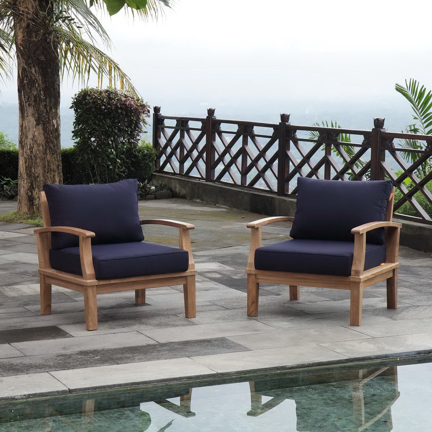 Modway - Marina 2 Piece Outdoor Patio Teak Set by Modway  Outdoor Furniture Sofa Sectionals Blue - EEI-1819-NAT-NAV-SET