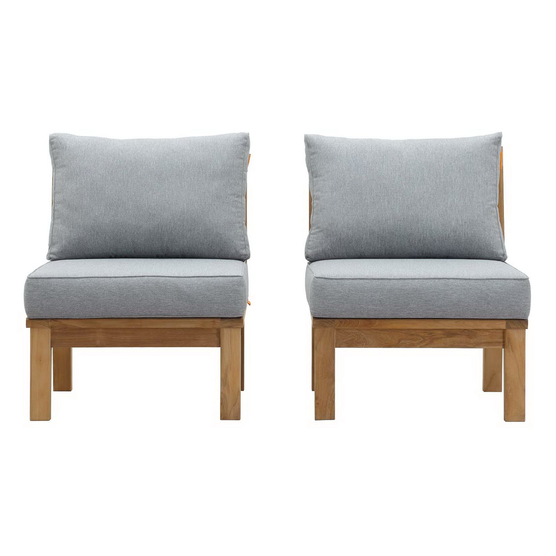 Set of two teak outdoor patio chairs with light gray cushions, minimalist outdoor seating.