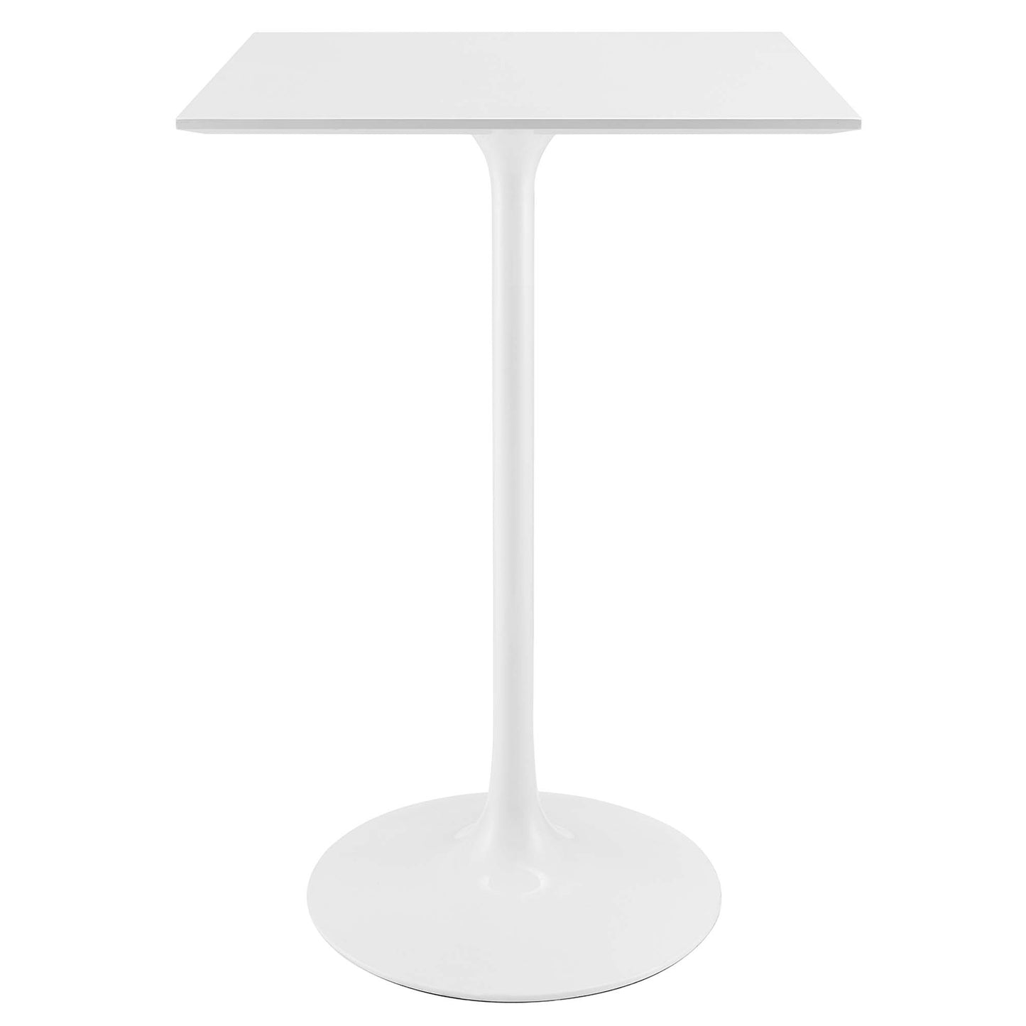 White modern pedestal table with square top, single curved stem, and round base.