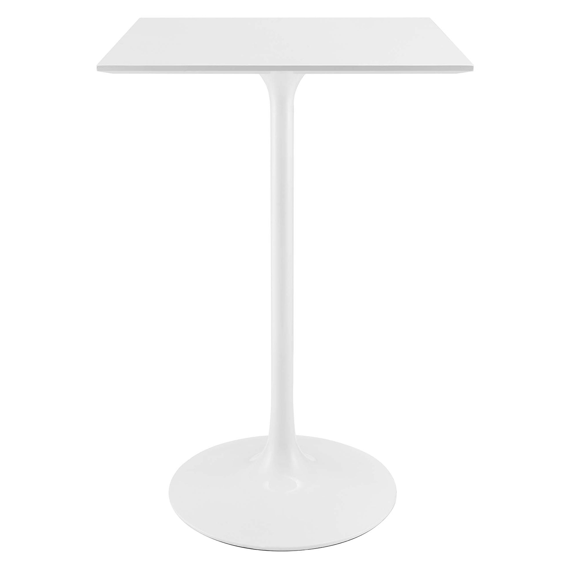 White modern pedestal table with square top, single curved stem, and round base.