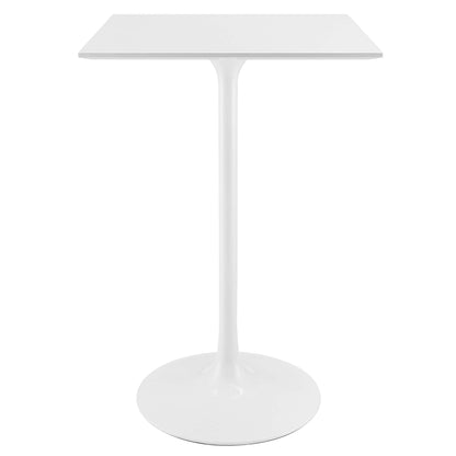 White modern pedestal table with square top, single curved stem, and round base.