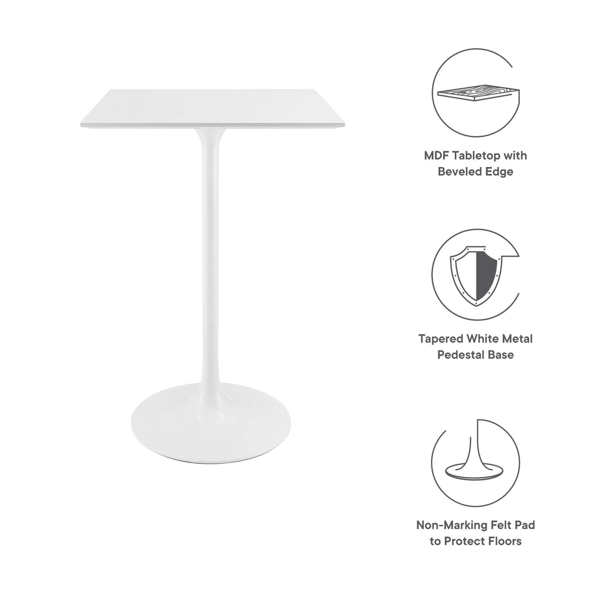 White square wood bar table with beveled-edge top atop a tapered white metal pedestal and round floor-protecting pads.