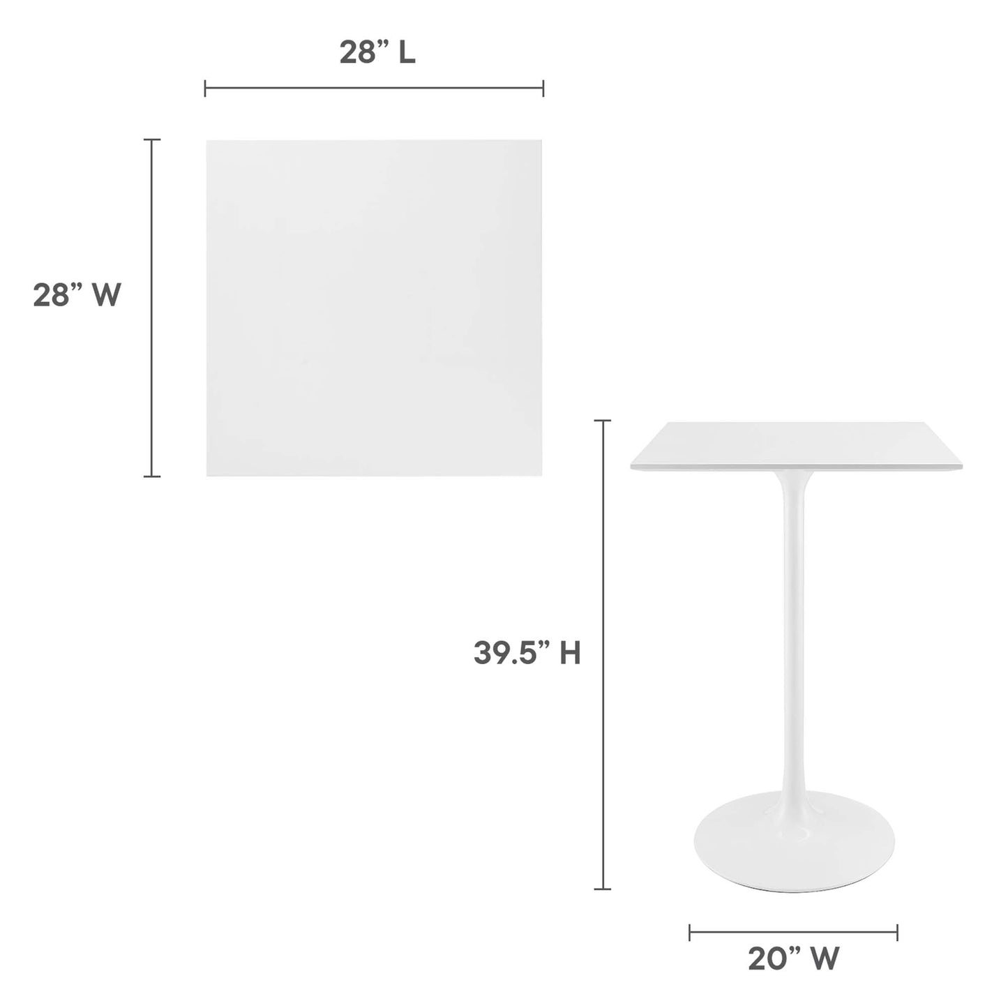 White 28x28 square wood bar table with a round pedestal base, 39.5" high and 20" wide.