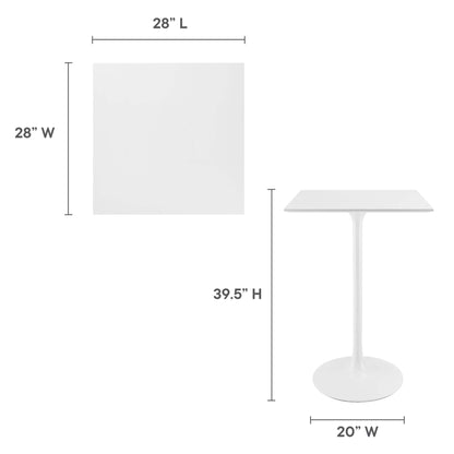 White 28x28 square wood bar table with a round pedestal base, 39.5" high and 20" wide.