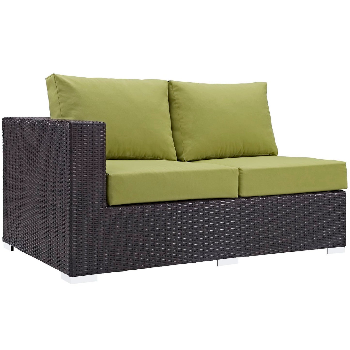 Outdoor dark brown wicker loveseat with lime green cushions, modern patio seating, rectangular frame, low-profile legs.