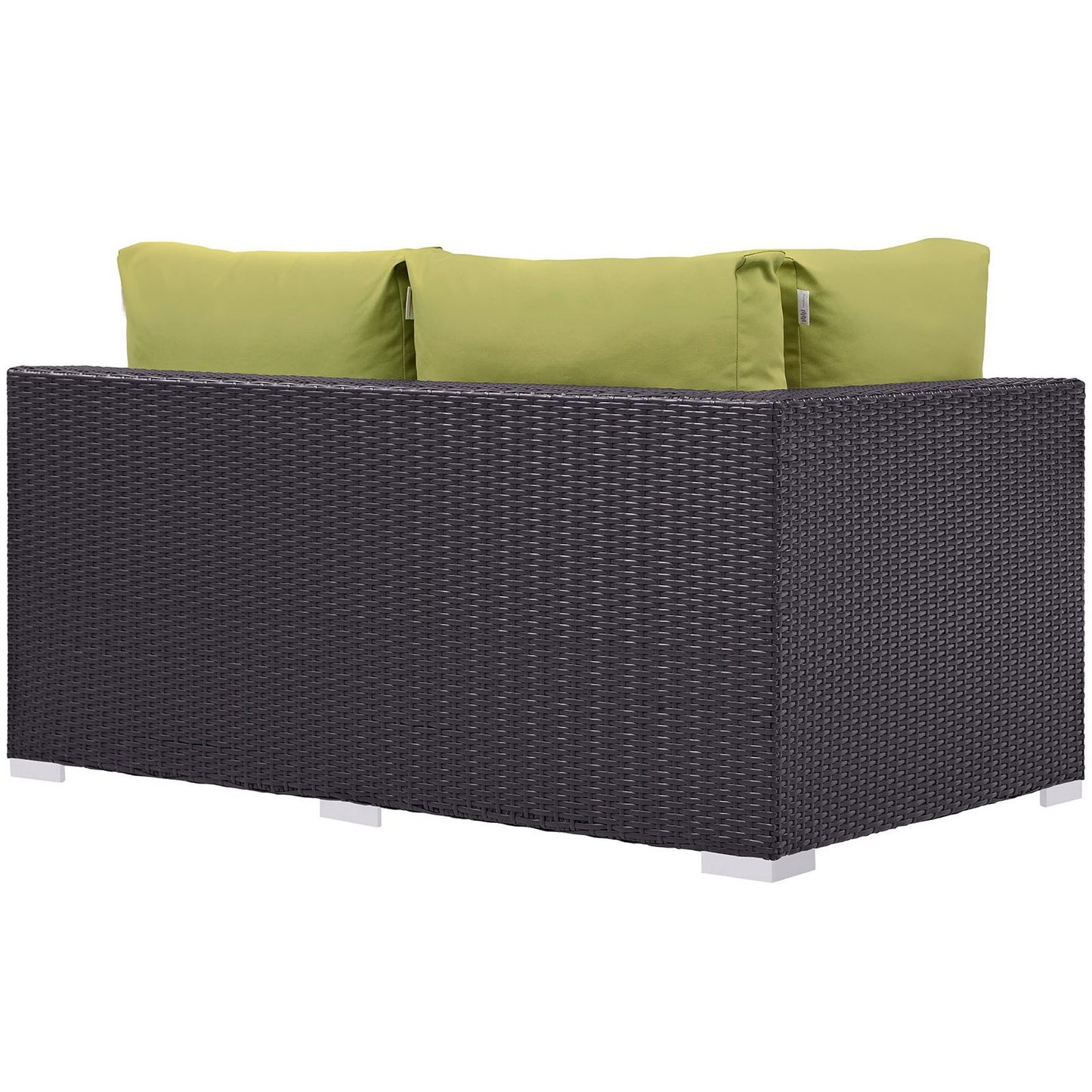 Dark brown woven rattan outdoor sofa with lime green back cushions; modular square patio seating.