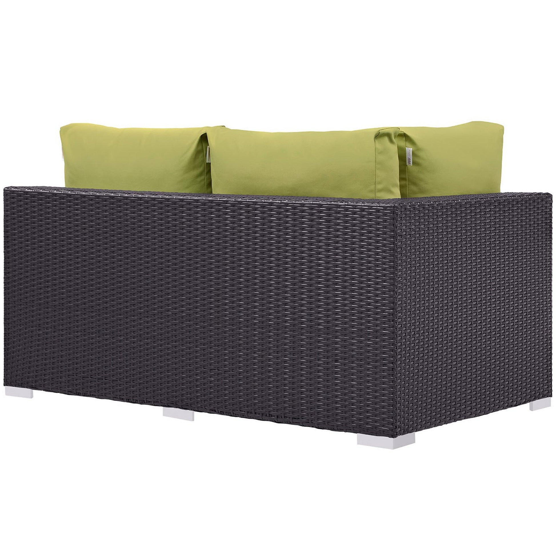 Dark brown woven rattan outdoor sofa with lime green back cushions; modular square patio seating.