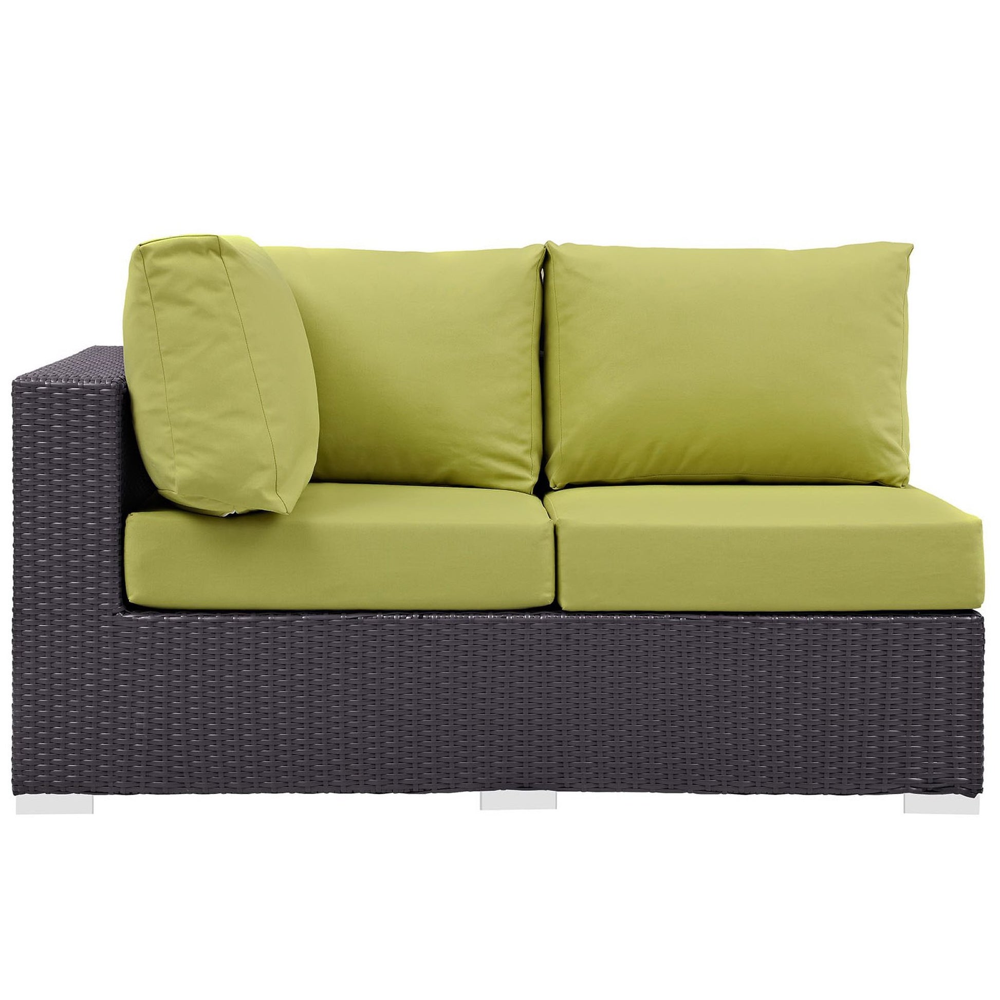 Dark brown wicker outdoor loveseat with lime-green cushions, two seat cushions, two back cushions and a round bolster for patio lounging.