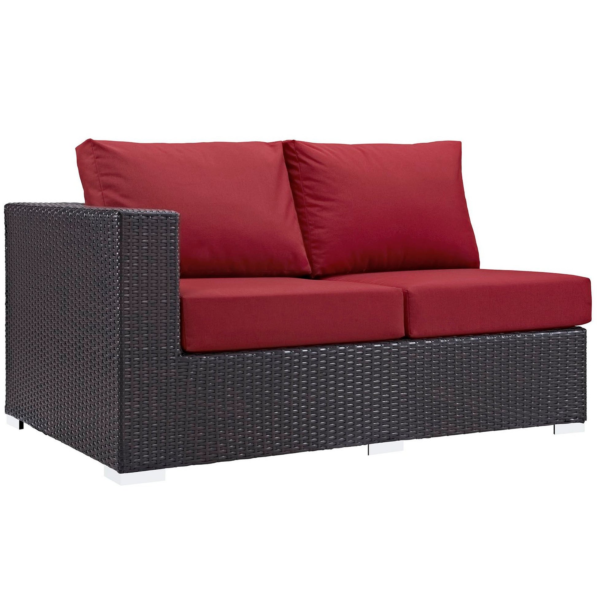 Dark brown woven outdoor wicker loveseat with red cushions, modern patio seating.