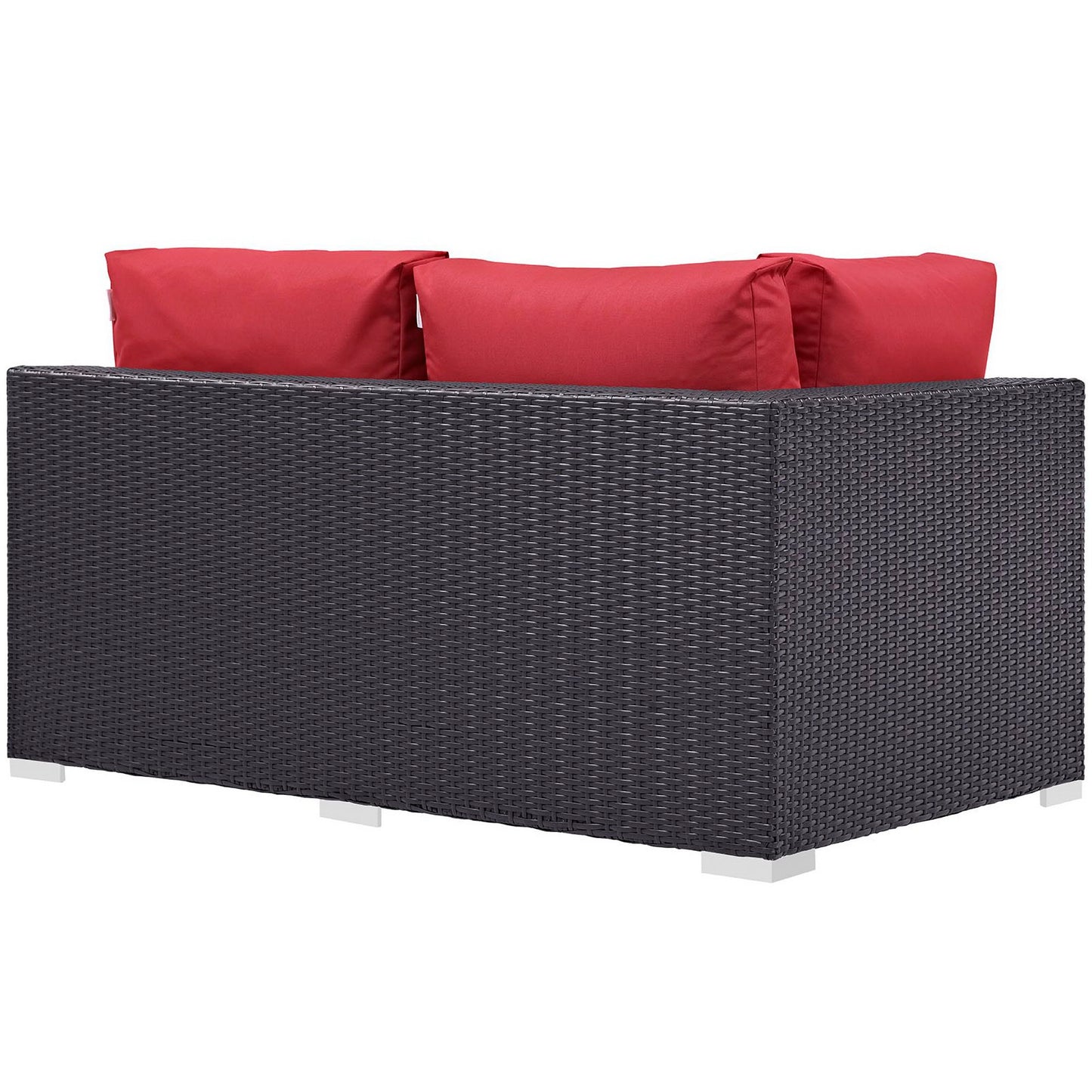 Dark wicker outdoor left-arm loveseat with red cushions; modern patio seating on metal feet.