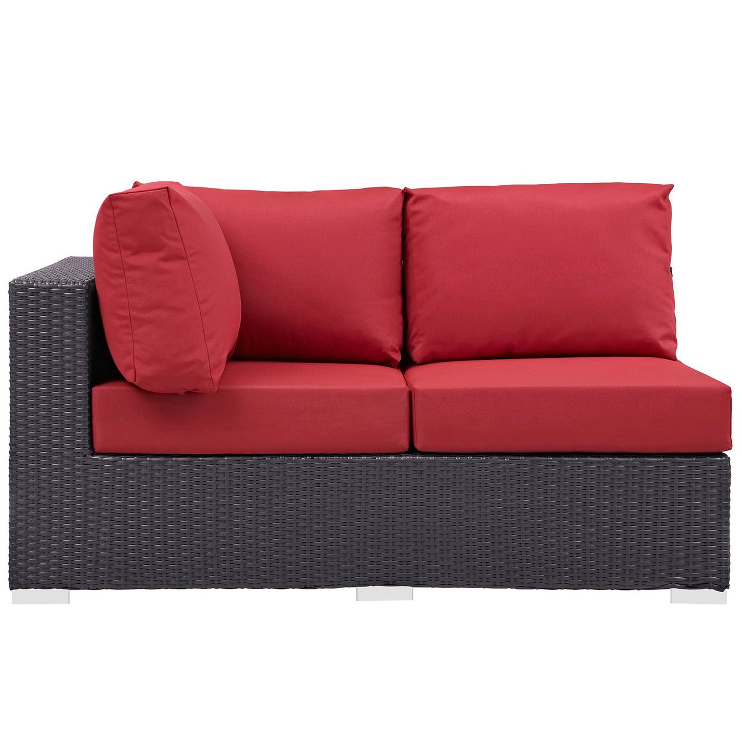 Outdoor dark wicker left-arm loveseat with red cushions, two back cushions, and a round bolster on the left arm.