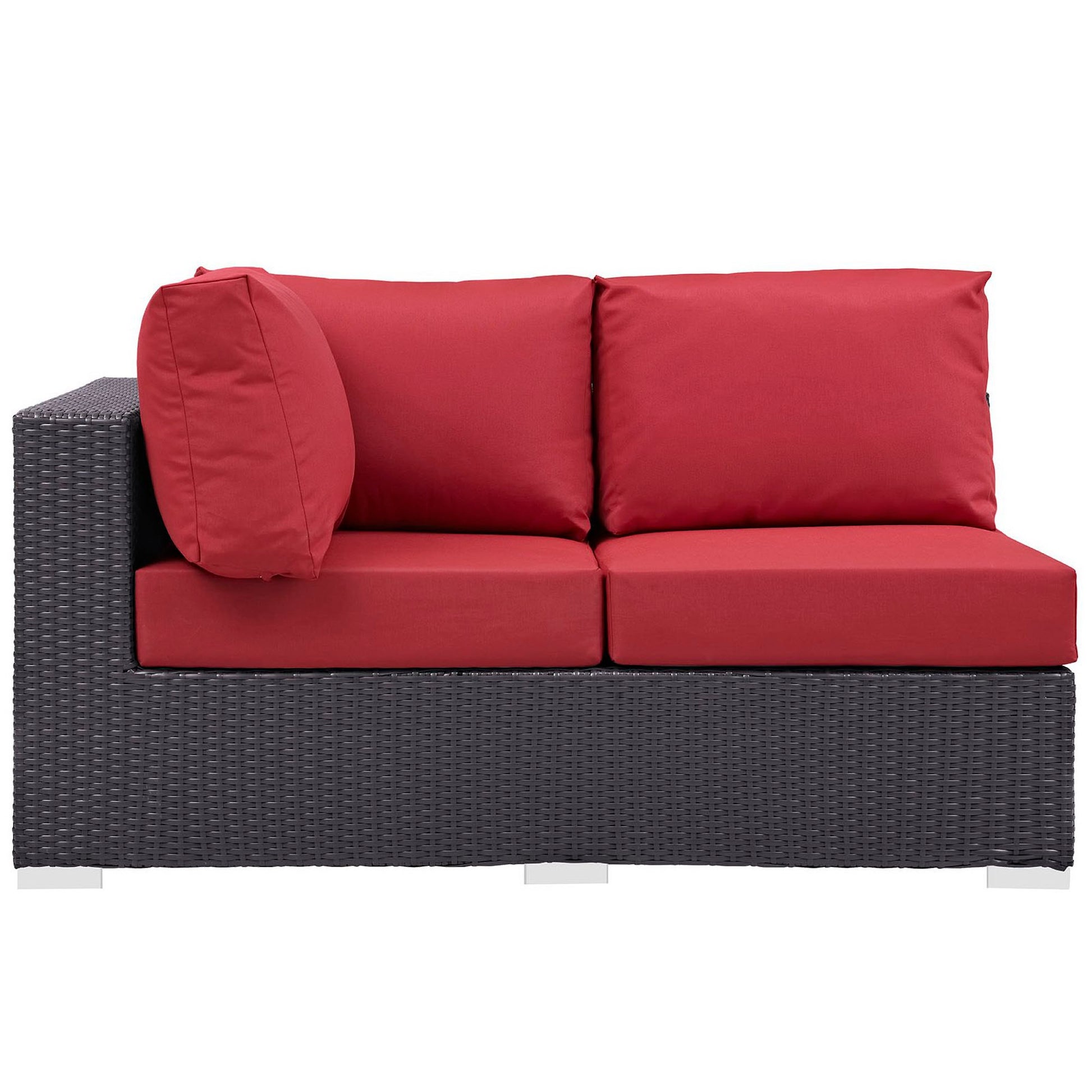 Outdoor dark wicker left-arm loveseat with red cushions, two back cushions, and a round bolster on the left arm.
