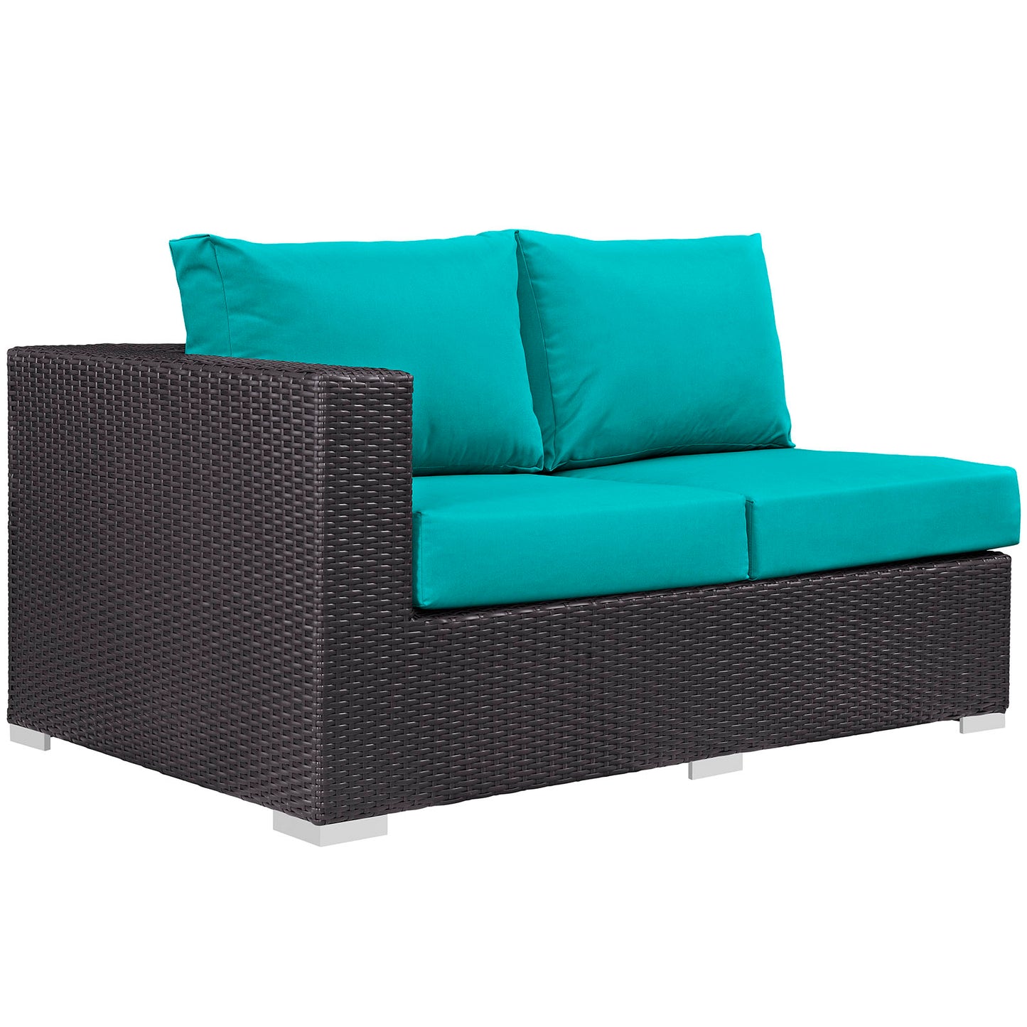 Teal outdoor wicker loveseat with dark brown woven frame & teal cushions.