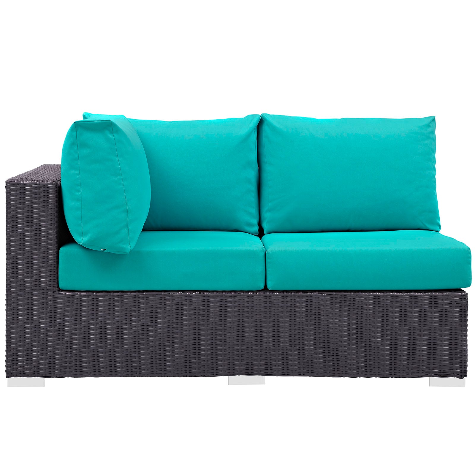 Two-seat dark brown wicker outdoor sofa with turquoise cushions and a round accent cushion on the left arm.