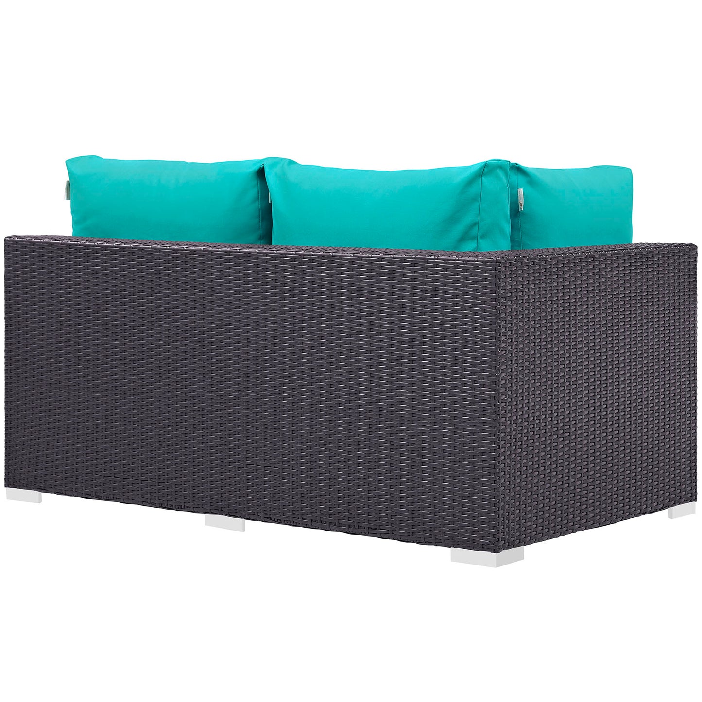 Dark brown wicker outdoor left-arm loveseat with turquoise cushions, modern square-arm patio seating.