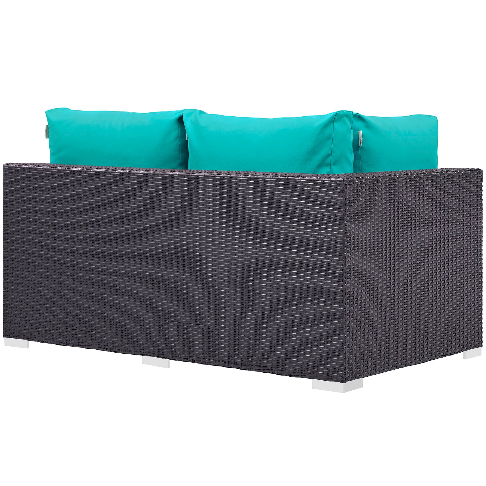 Dark brown wicker outdoor left-arm loveseat with turquoise cushions, modern square-arm patio seating.
