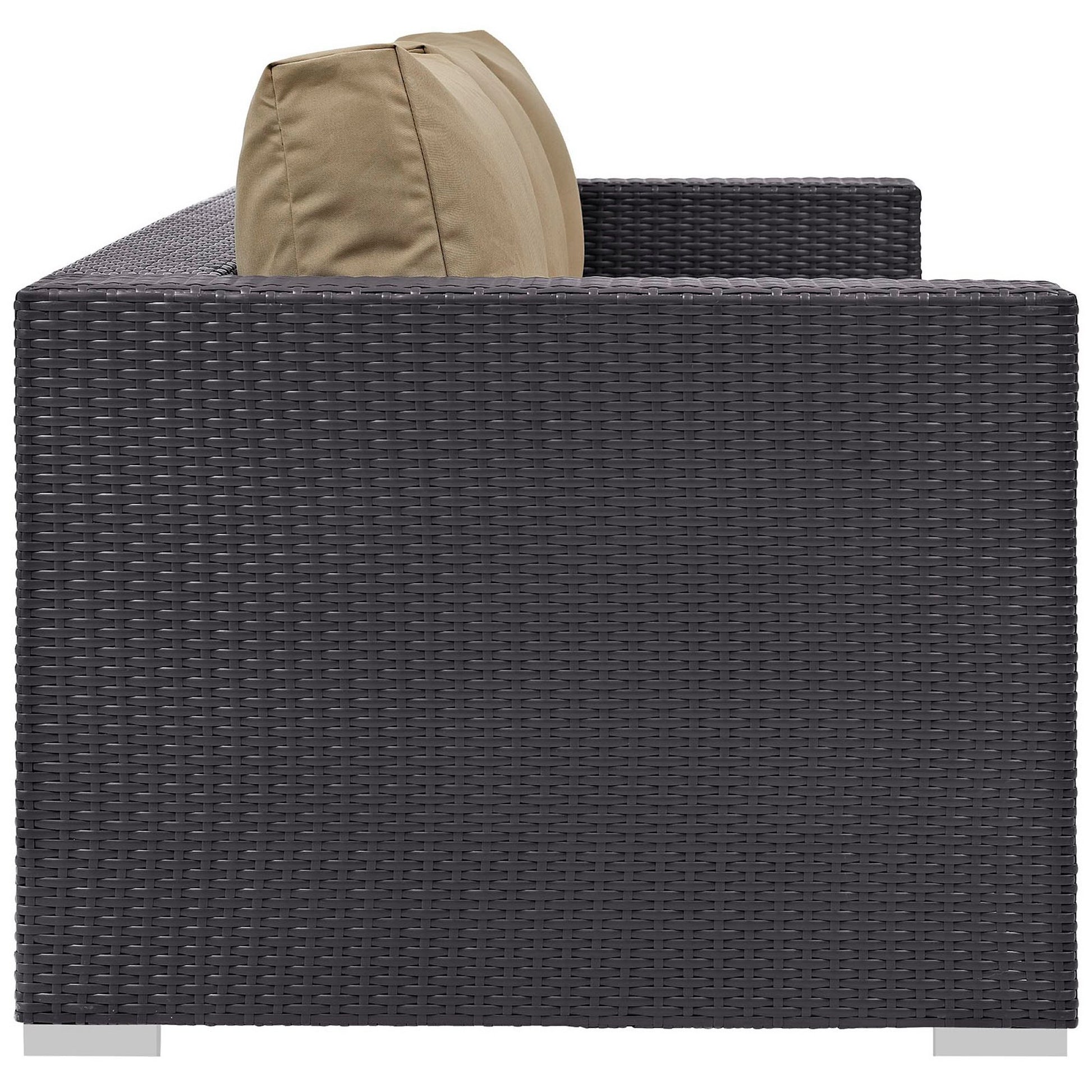 Dark brown woven rattan 3-piece outdoor patio sofa set with beige cushions; contemporary seating.