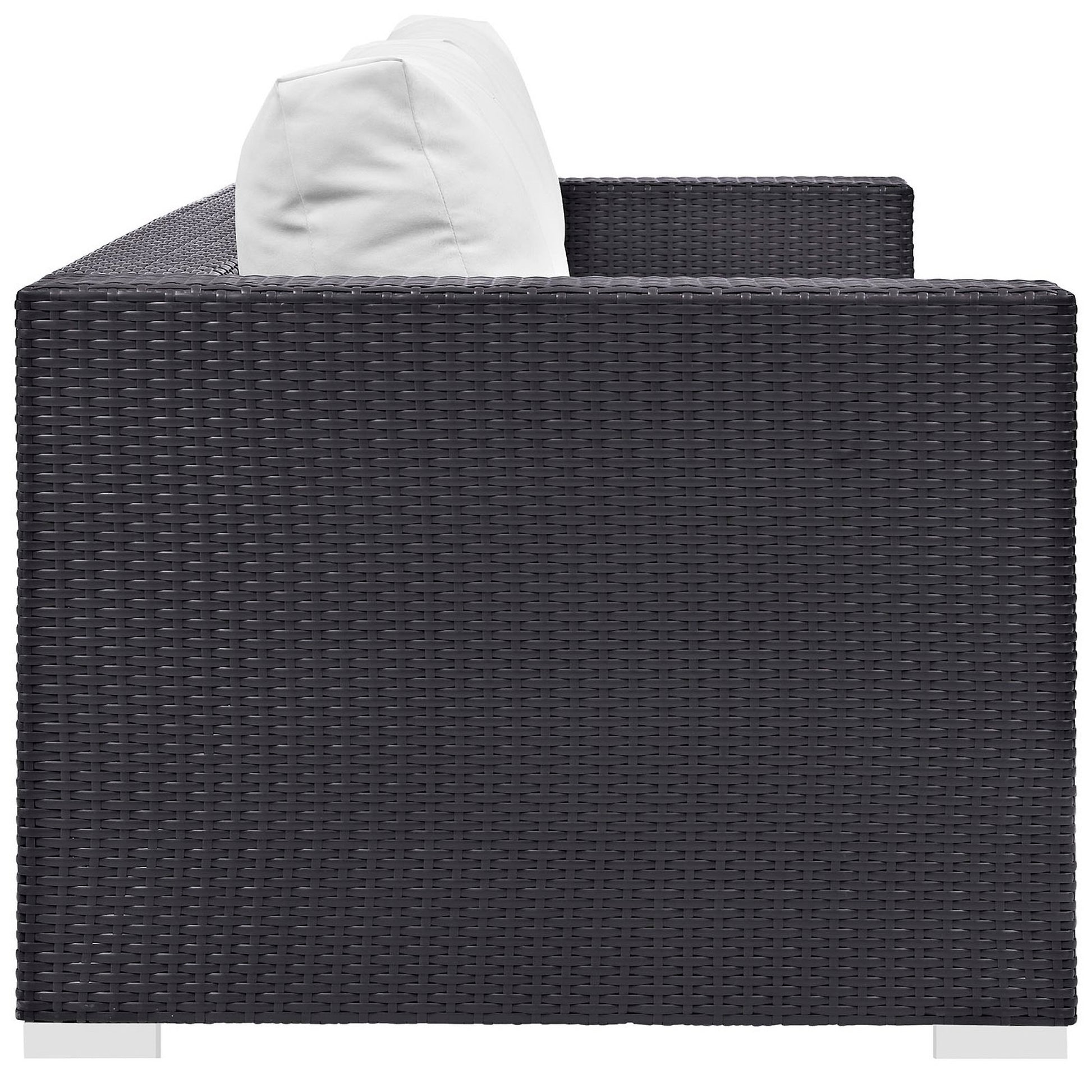 Espresso wicker 3-piece outdoor patio sofa set with white cushions, square arms, modern seating.