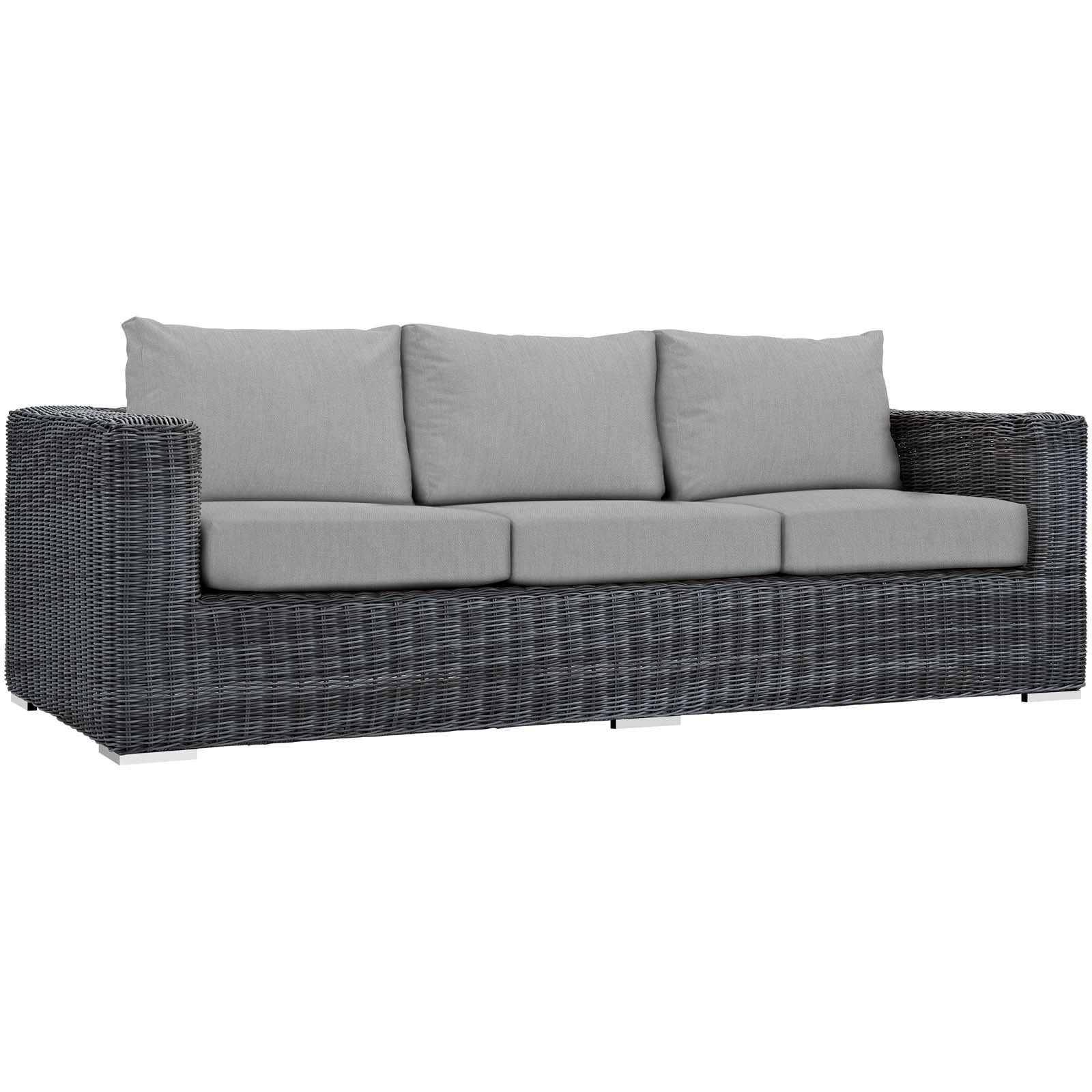 Dark gray woven rattan outdoor sofa with light gray cushions, three-seat modern lounge.