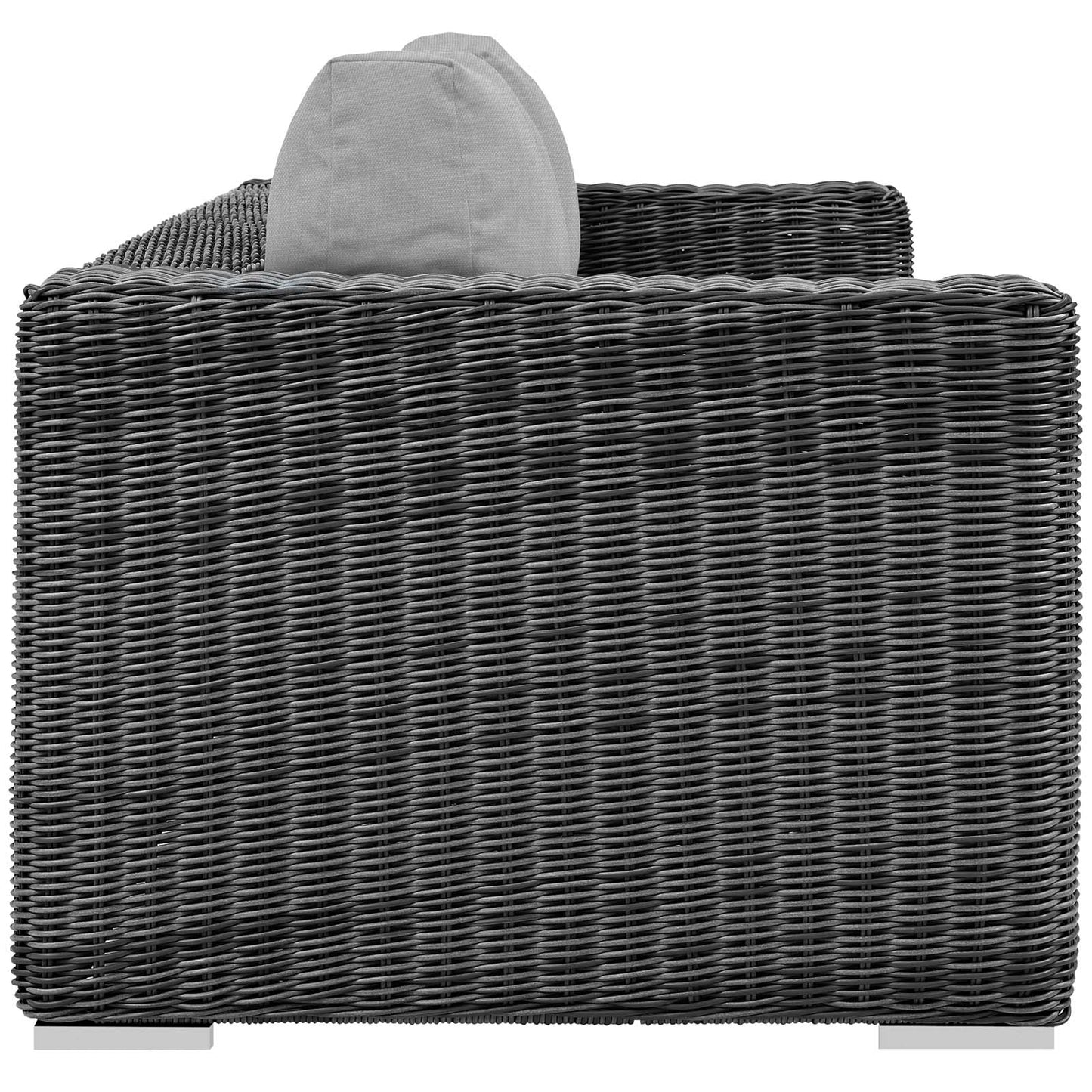 Dark gray woven rattan outdoor sofa with a light gray backrest cushion; modern patio seating.